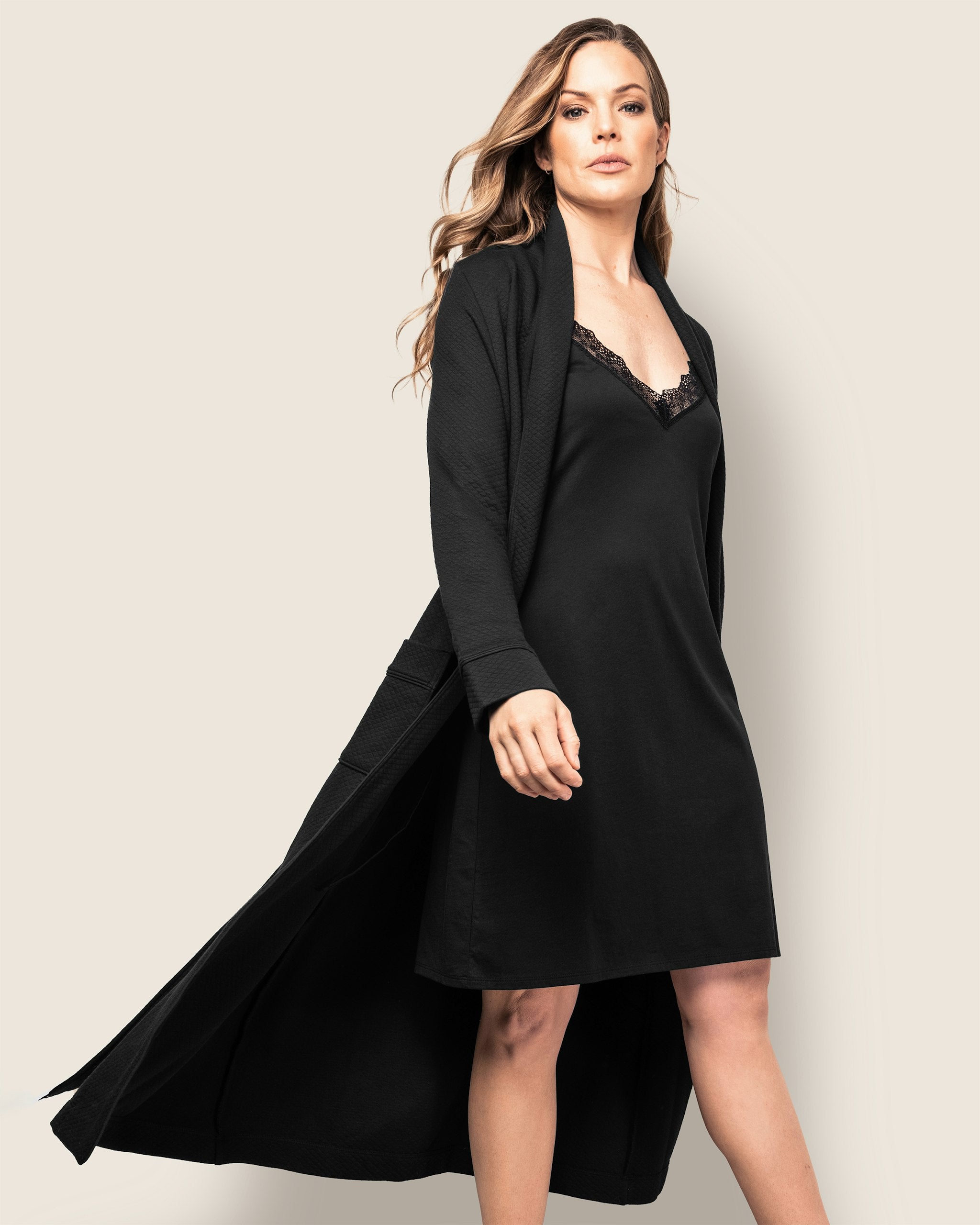Women's Pima Jacquard Ophelia Robe in White in Black#Color_Black