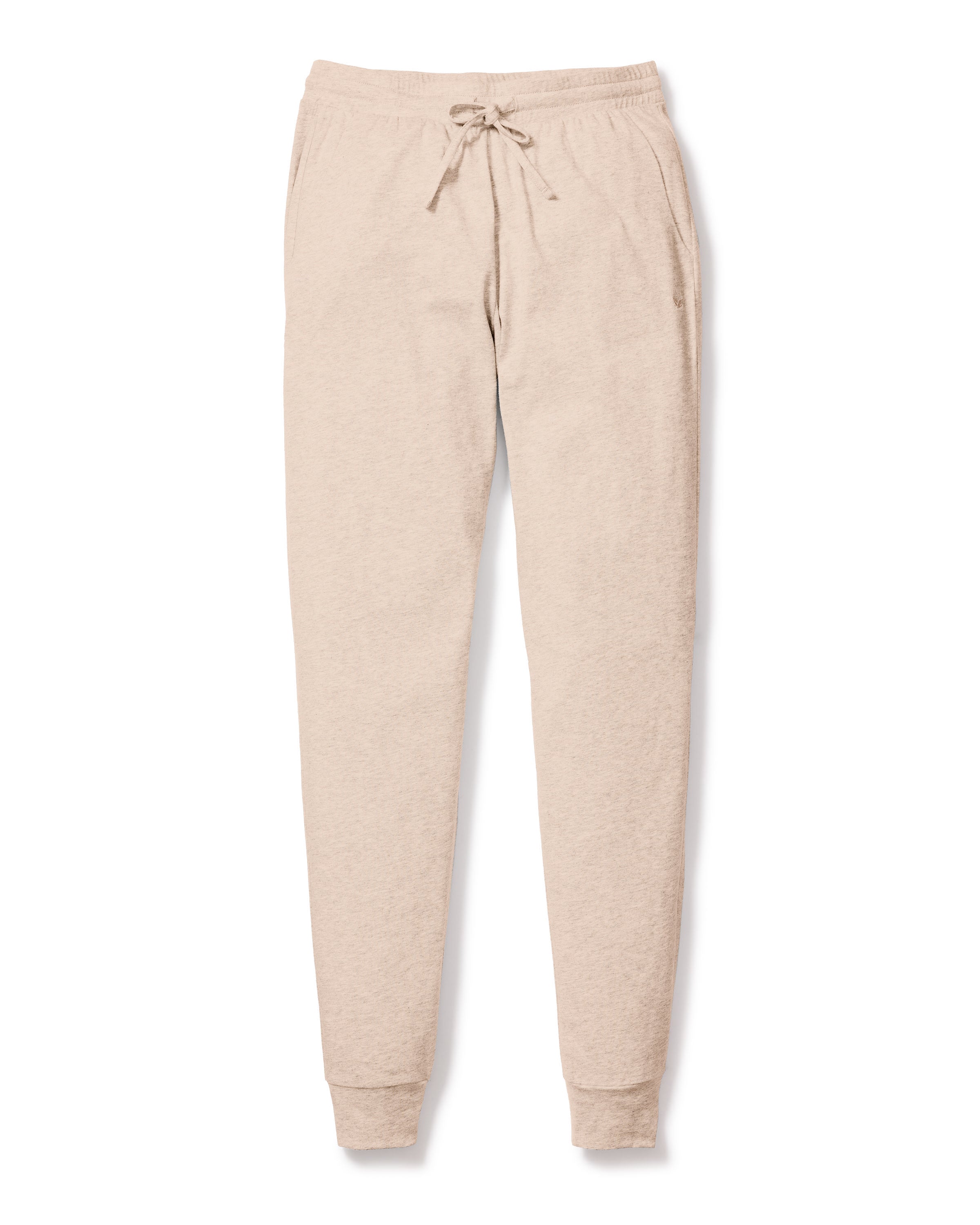 The Womens Pima Lounge Pants in Camel by Petite Plume are made from luxurious jersey knit, featuring an elastic waistband with a drawstring, side pockets, and cuffed ankles for comfort and style, shown on a white background.