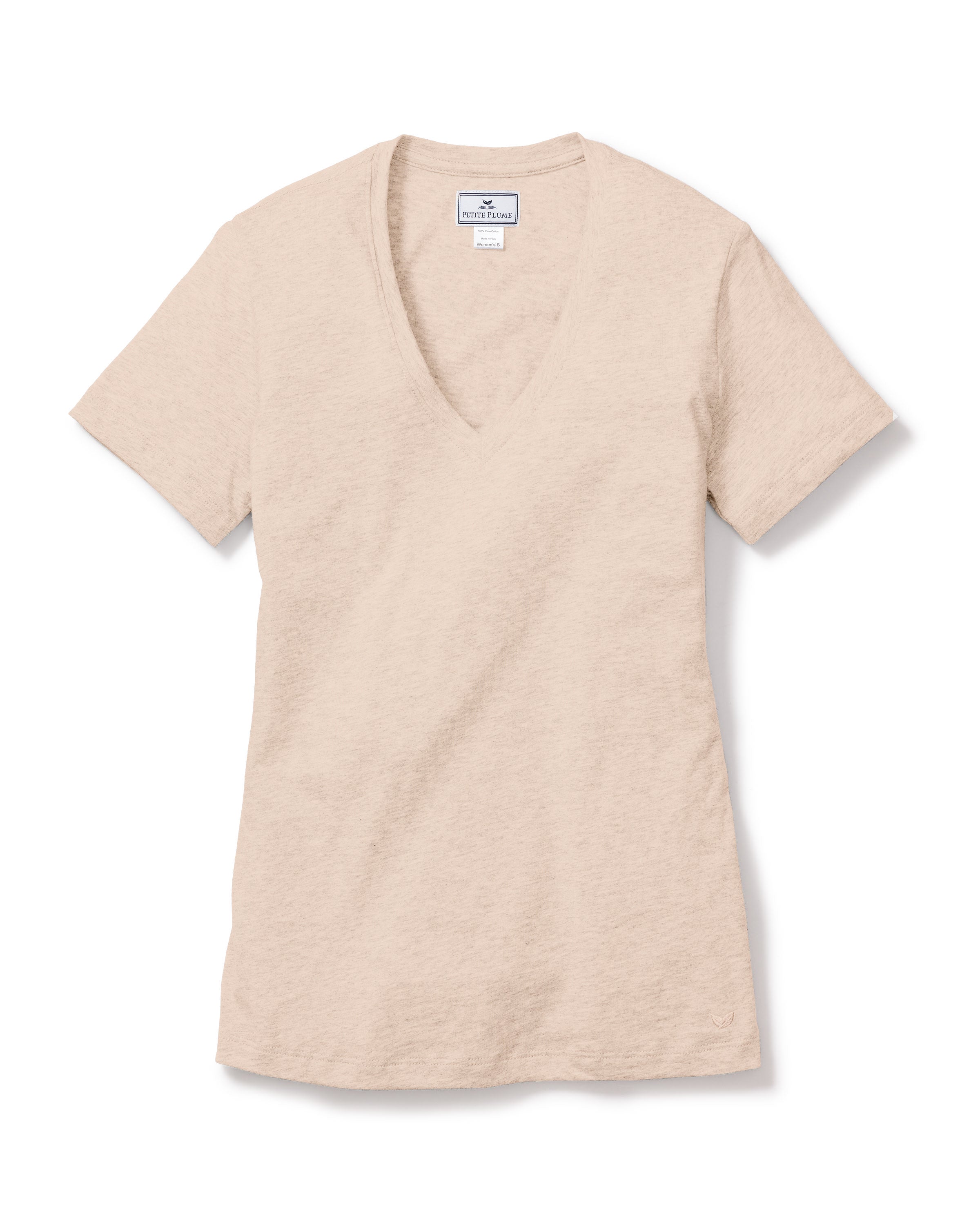 The Womens Pima Short Sleeve Top in Camel by Petite Plume, crafted from luxurious jersey knit, is displayed flat against a white background, highlighting its simple V-neck design and short sleeves.