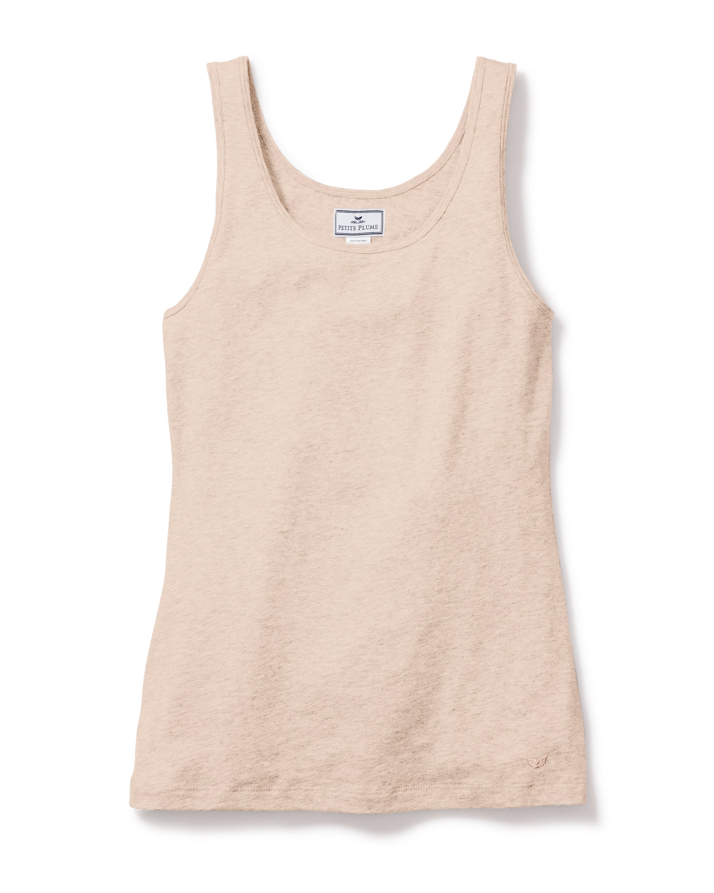 The Womens Pima Tank Top in Camel by Petite Plume is a sleeveless beige top made from luxurious jersey knit featuring a scoop neckline, subtle textured Peruvian Pima cotton, and a small logo detail near the hem. The label inside the neckline is partially visible.