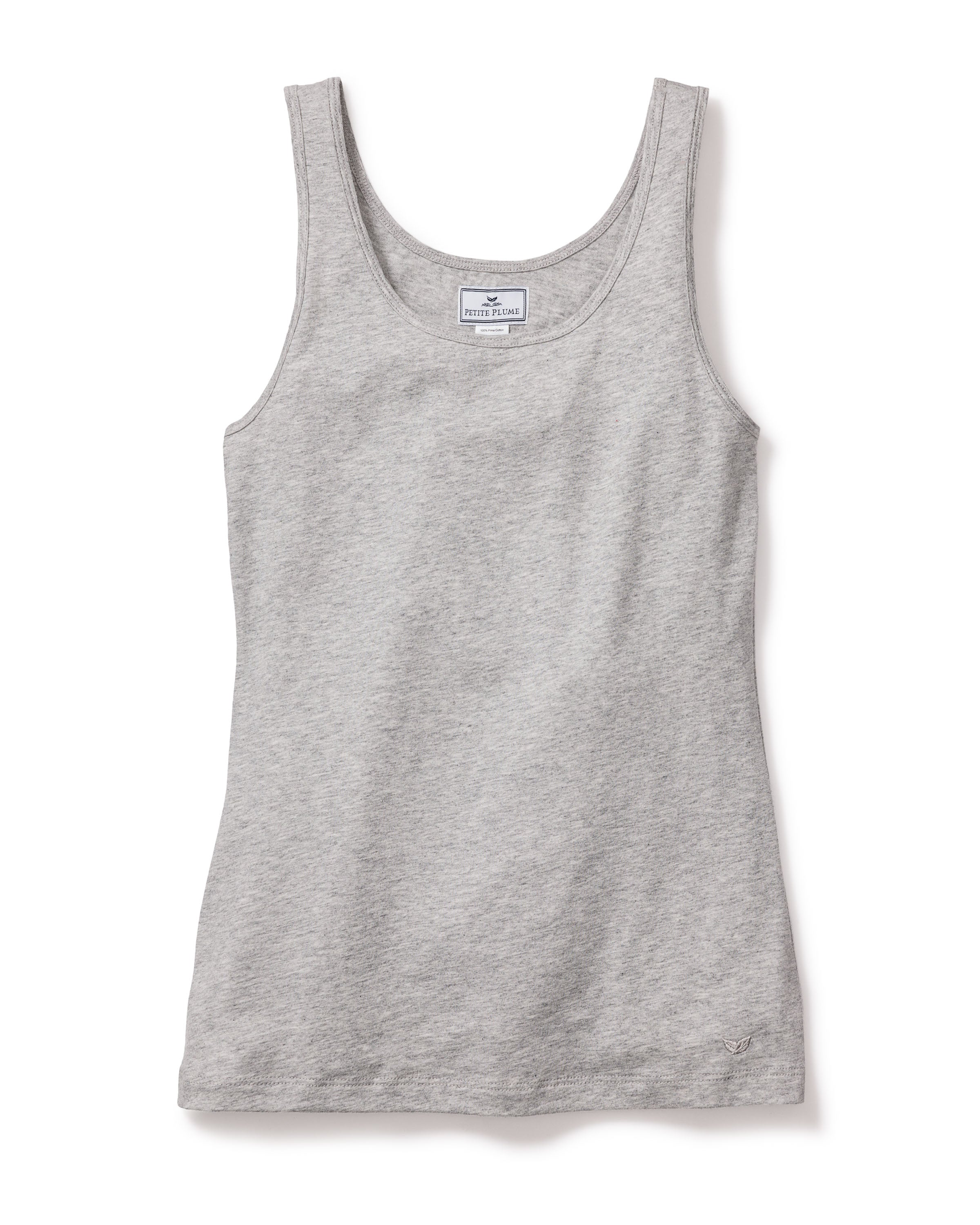 The Womens Pima Tank Top by Petite Plume, in light gray from the Pima Collection, features a scoop neckline and is made of soft Peruvian Pima cotton with a slight heathered texture. It includes a small brand label at the neck and exudes casual elegance against a plain white backdrop.