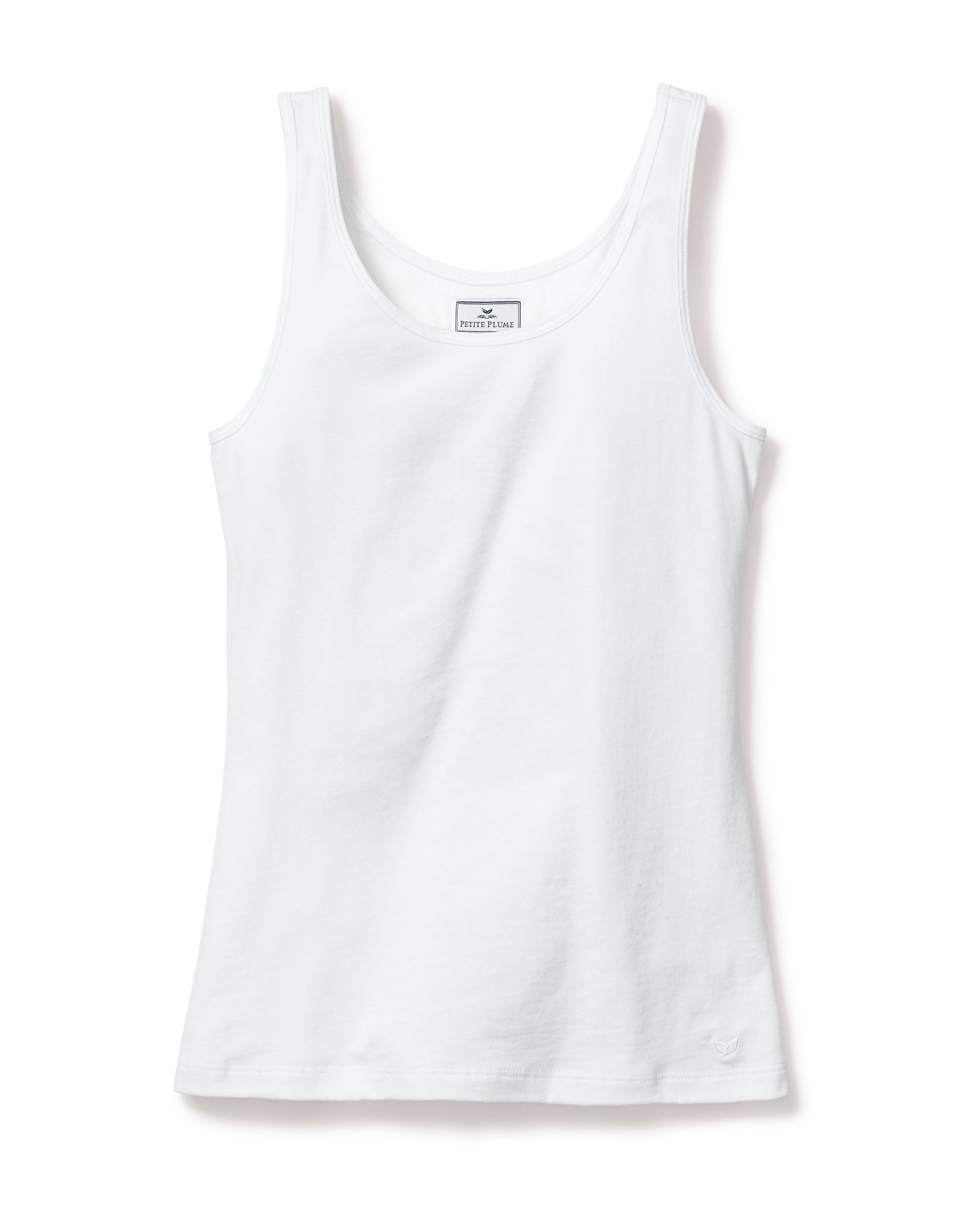 The Womens Pima Tank Top in White by Petite Plume is a sleeveless, scoop-neck style crafted from soft Pima cotton, shown flat against a white background.