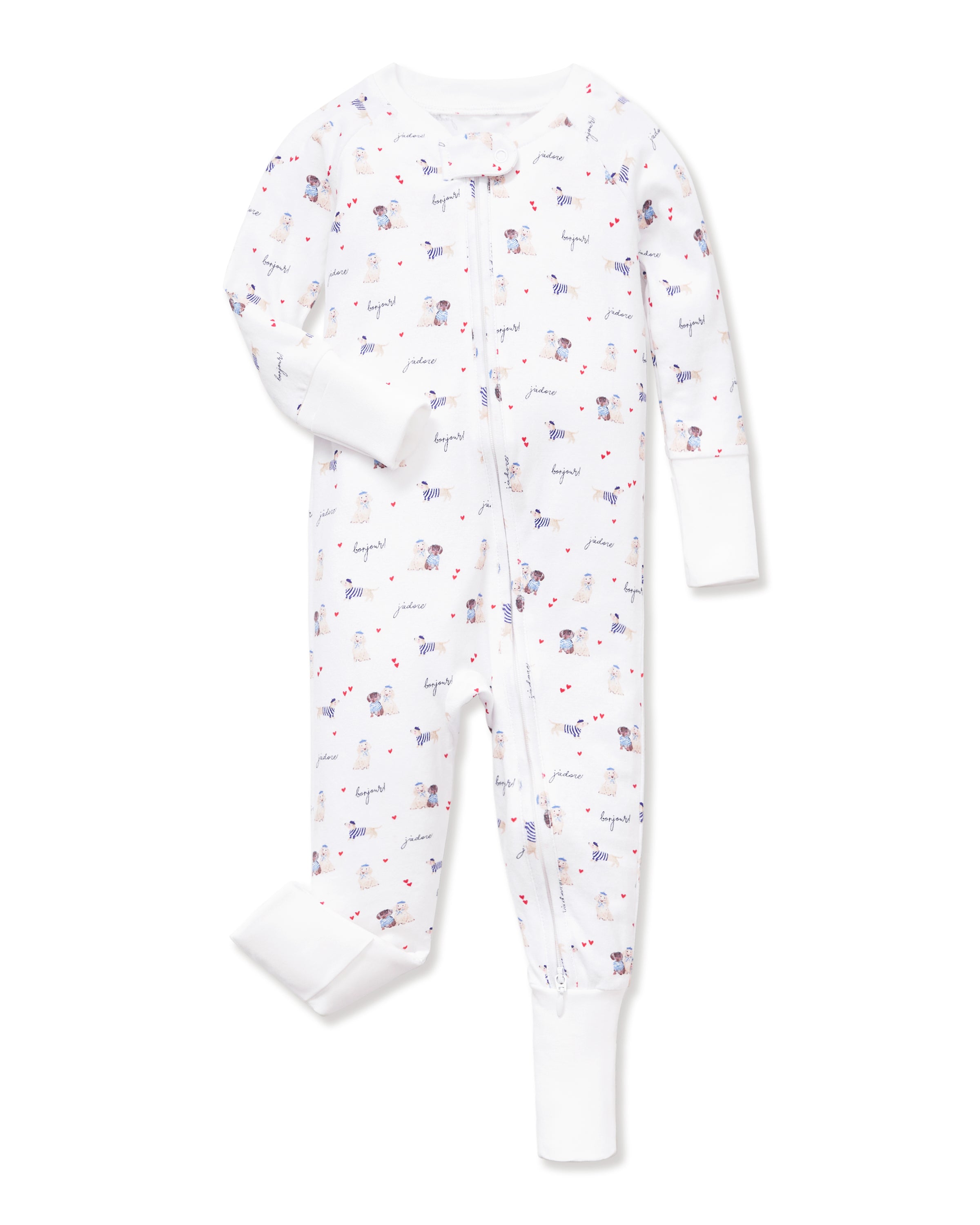 The Baby's Pima Peekaboo Romper in Le Woof is a white long-sleeve, full-length onesie with animal and balloon prints, front zipper, and cuffed sleeves and ankles.