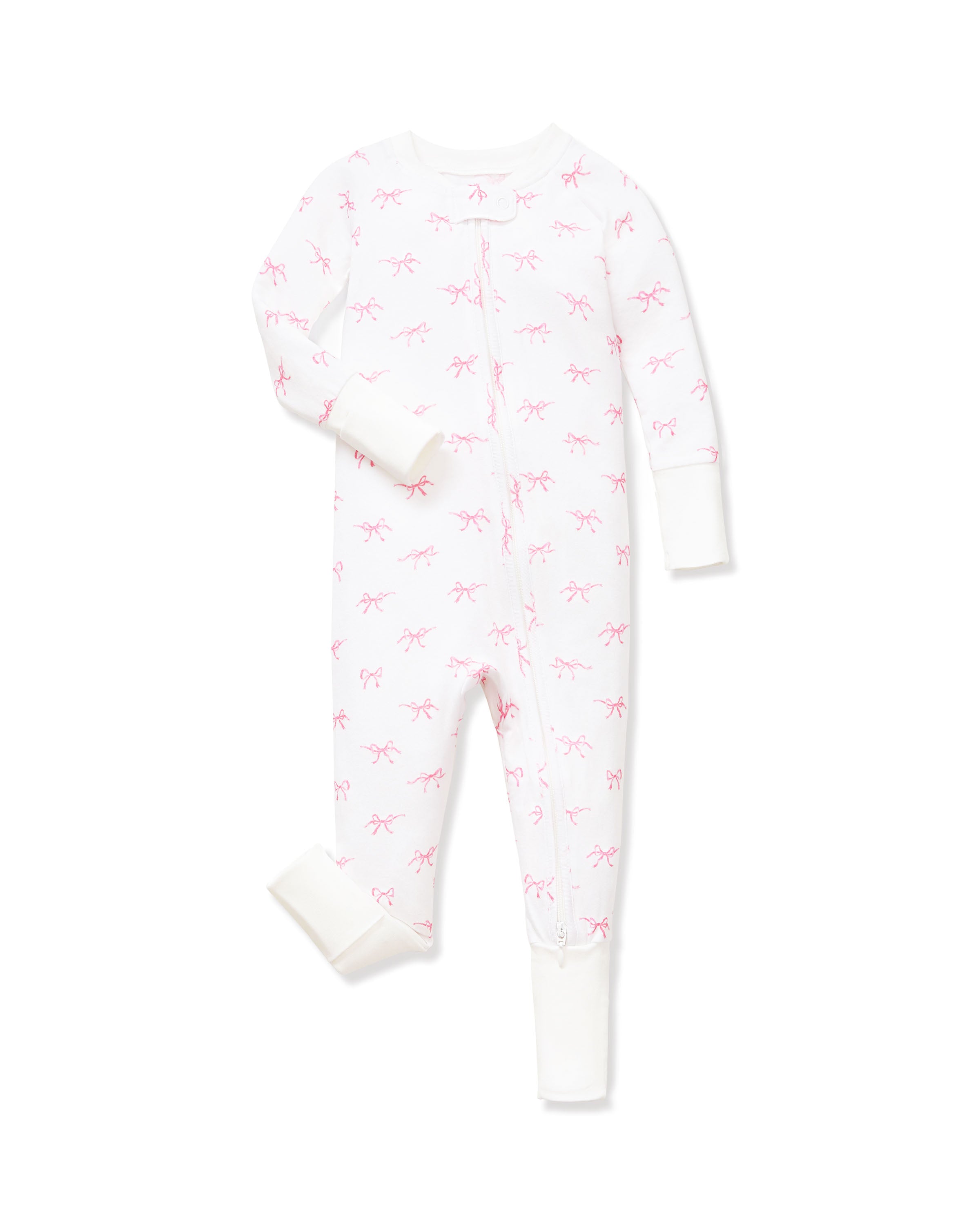 The Baby's Pima Peekaboo Romper in Blushing Bows is a white onesie with long sleeves and legs, accented by white cuffs and an angled zipper, and features a pink bow pattern.