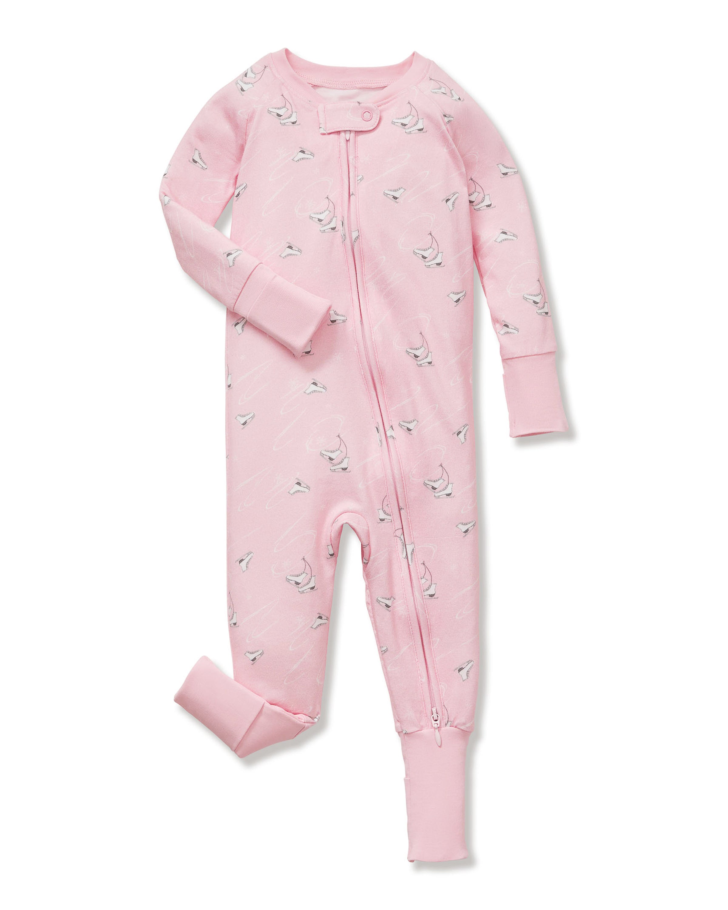 The Baby's Pima Peekaboo Romper in Winter Skates is a pink long-sleeve, long-leg romper with a subtle white bird print, diagonal neck-to-leg zipper, and ribbed cuffs at wrists and ankles.