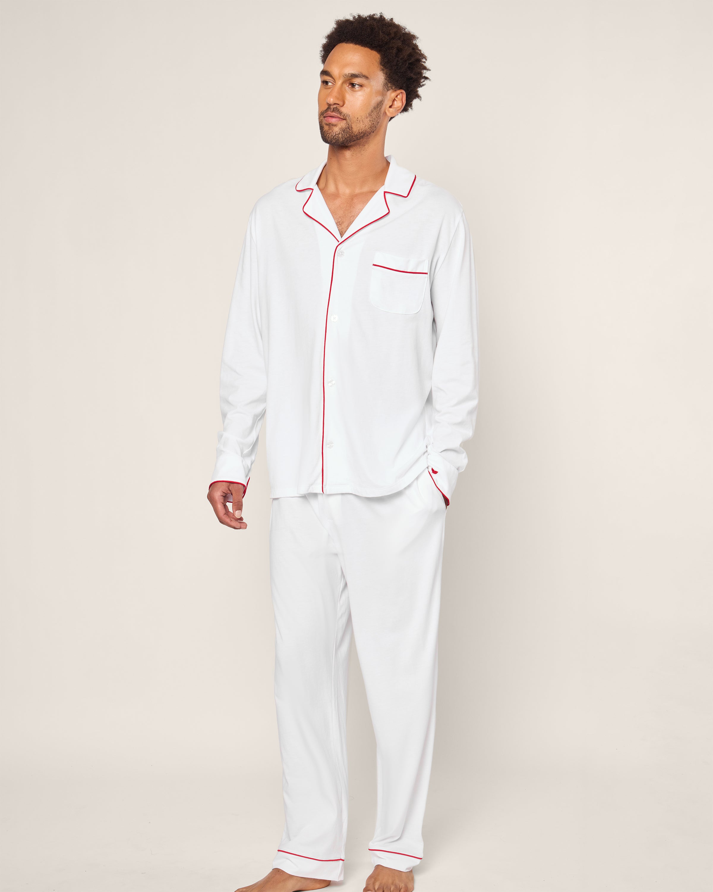 Men's Pima Pajama Set in Navy in White with Red Piping#Color_White with Red Piping