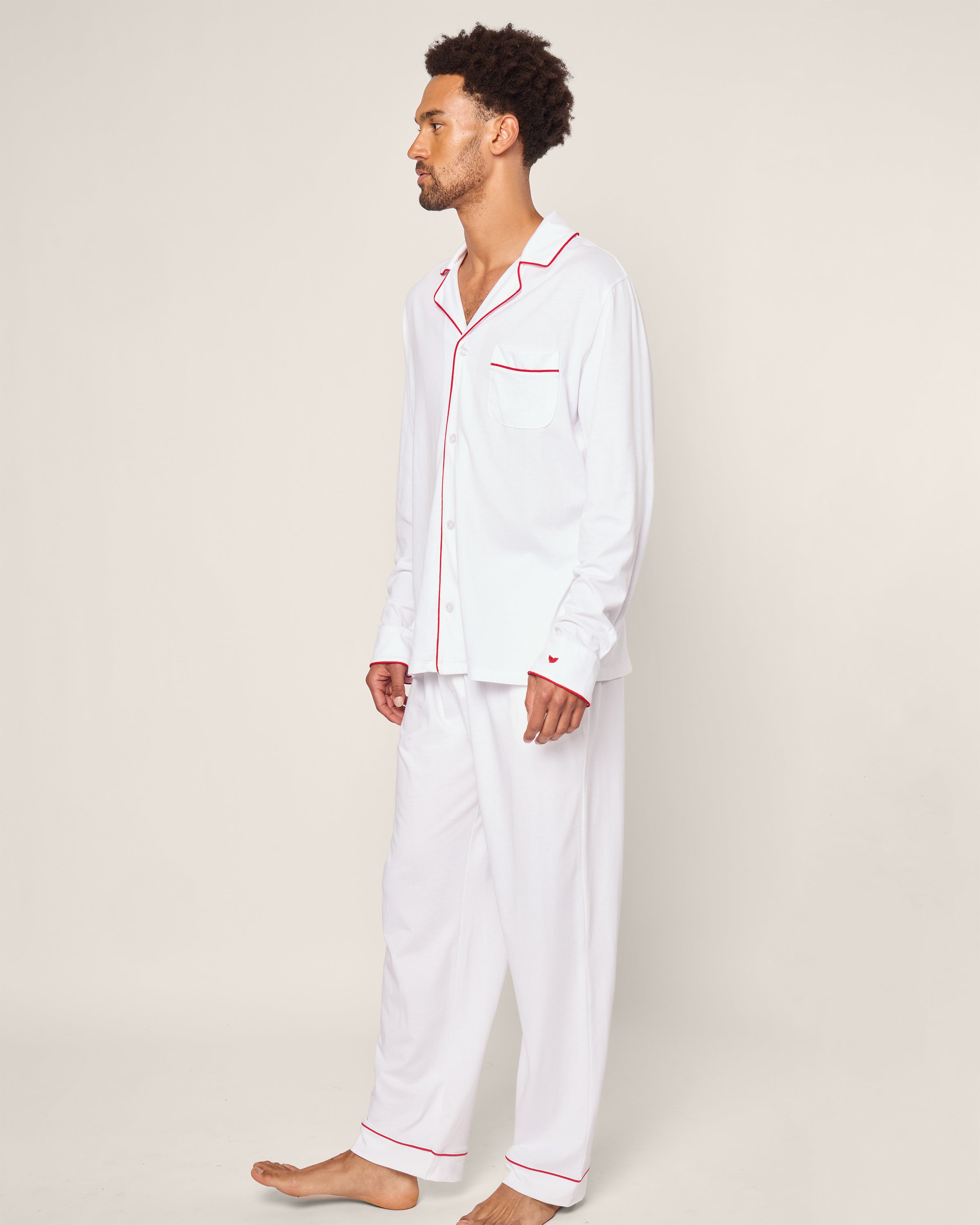 Men's Pima Pajama Set in Navy in White with Red Piping#Color_White with Red Piping
