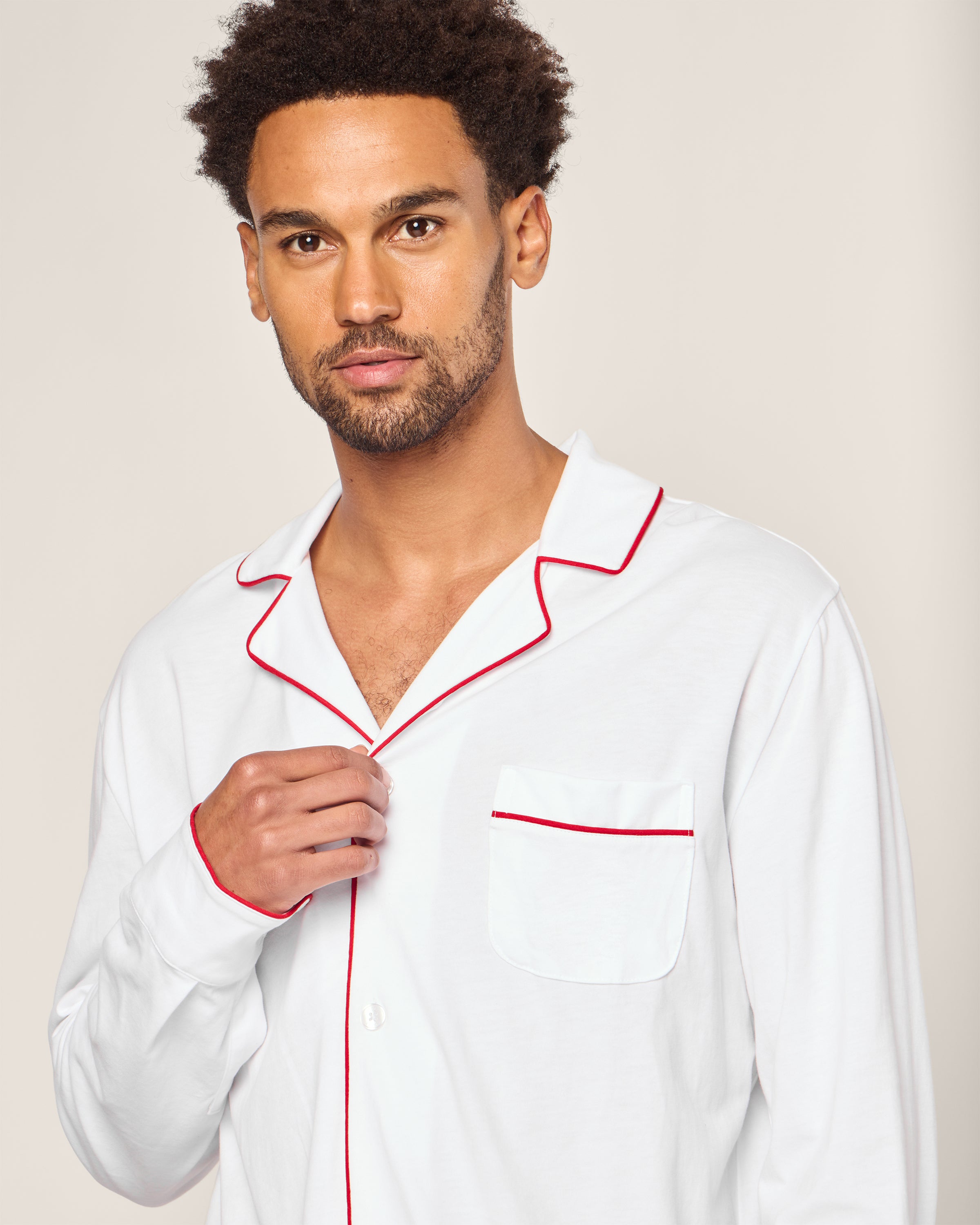 Men's Pima Pajama Set in Navy in White with Red Piping#Color_White with Red Piping