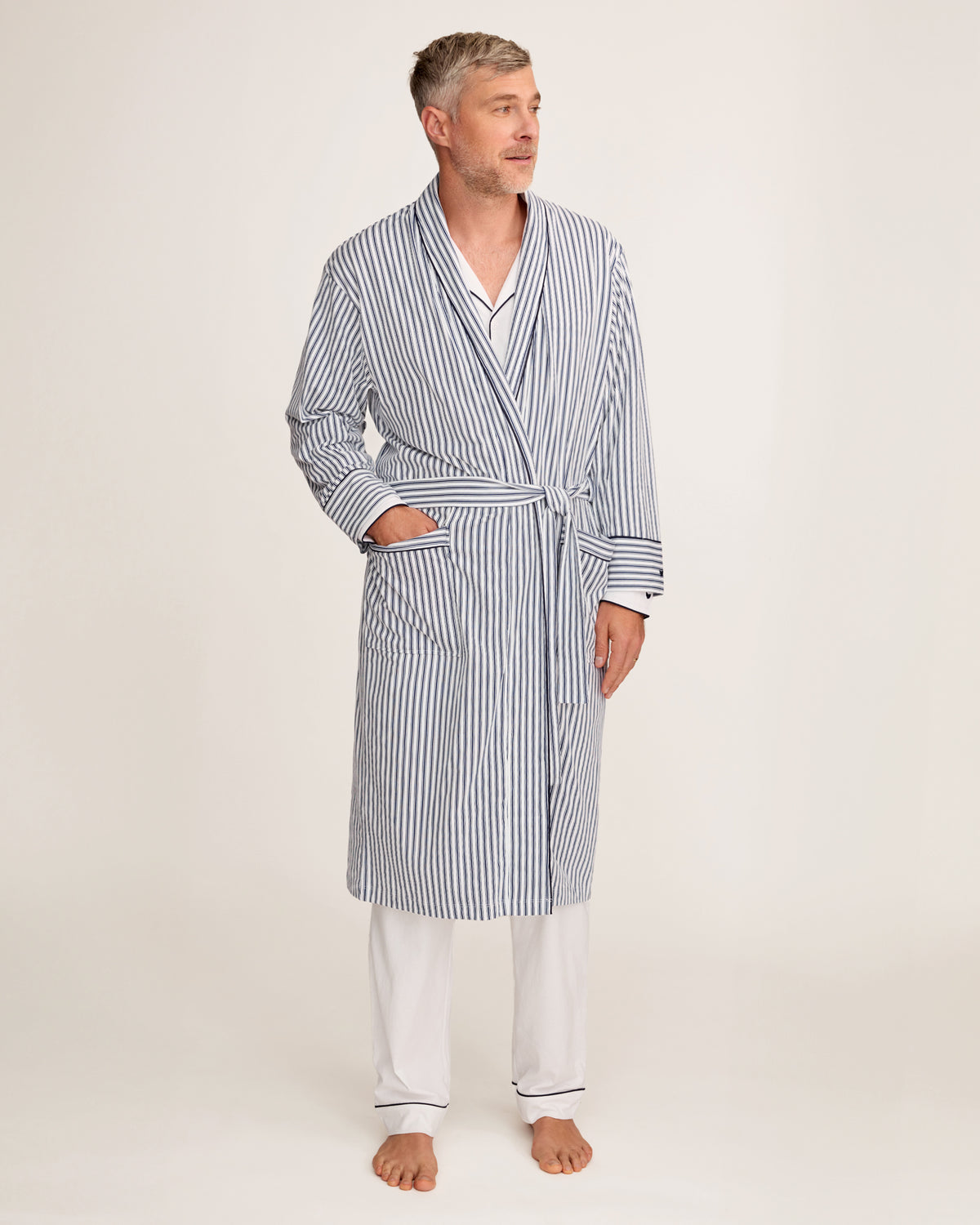 Men's Pima Robe in Navy French Ticking