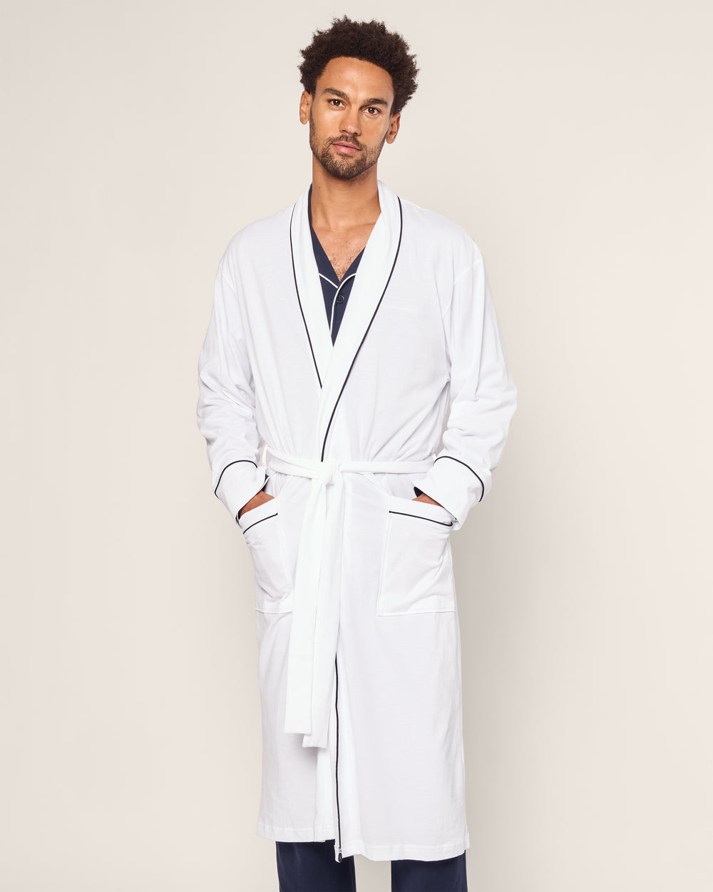 Men's Pima Robe in White with Navy Piping | Petite Plume