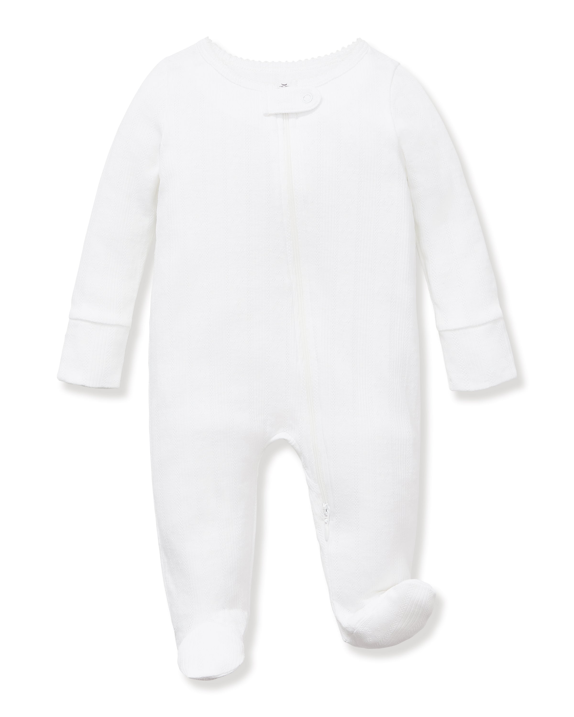 The Baby's Pointelle Footie Romper in White features long sleeves, covered feet, a front zipper, and a single neckline button, shown laid flat on a white background.