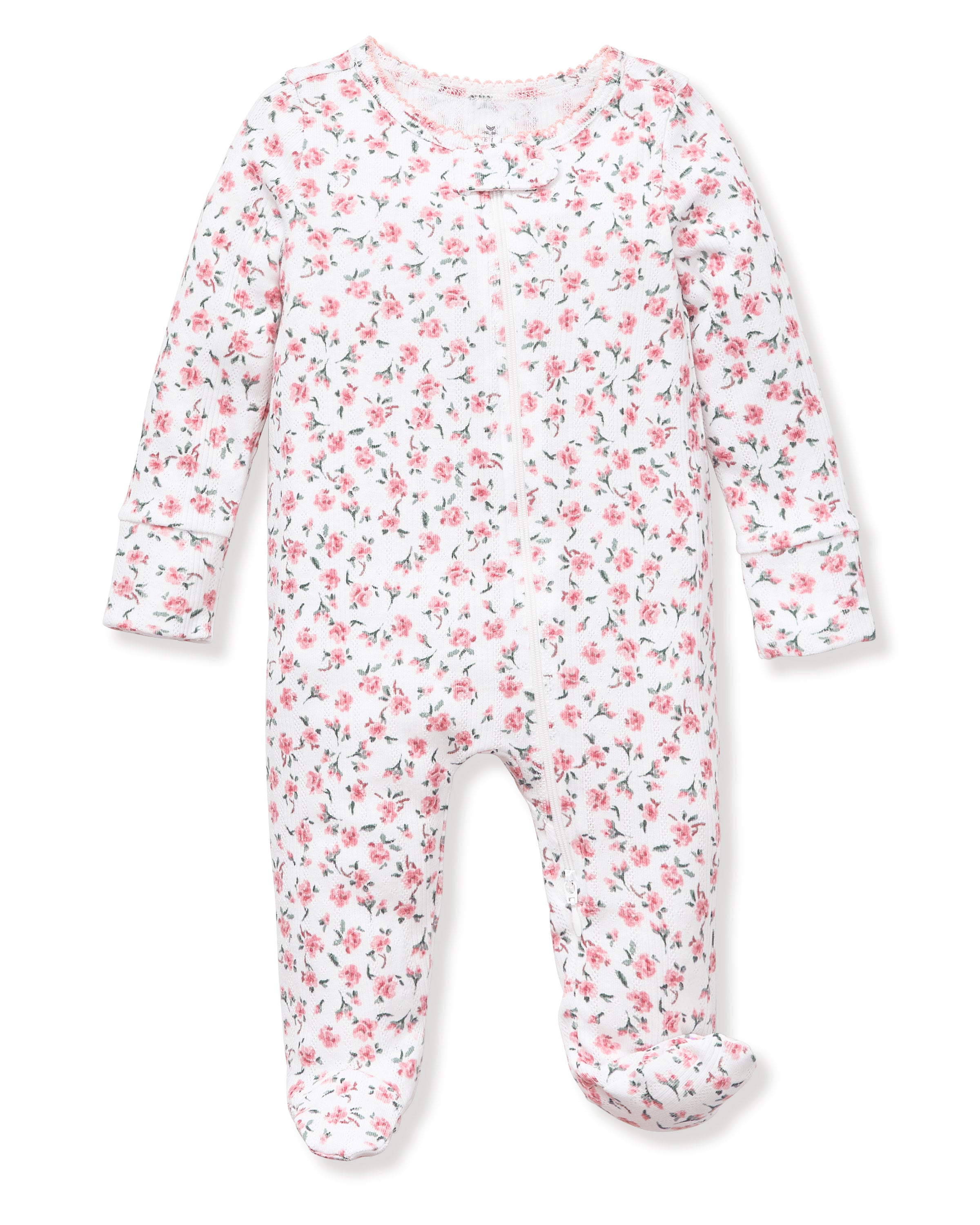 Baby's Pointelle Footie Romper in Pink Floral features a white long-sleeve footed onesie with a pink and green floral print, shown flat on a white background.