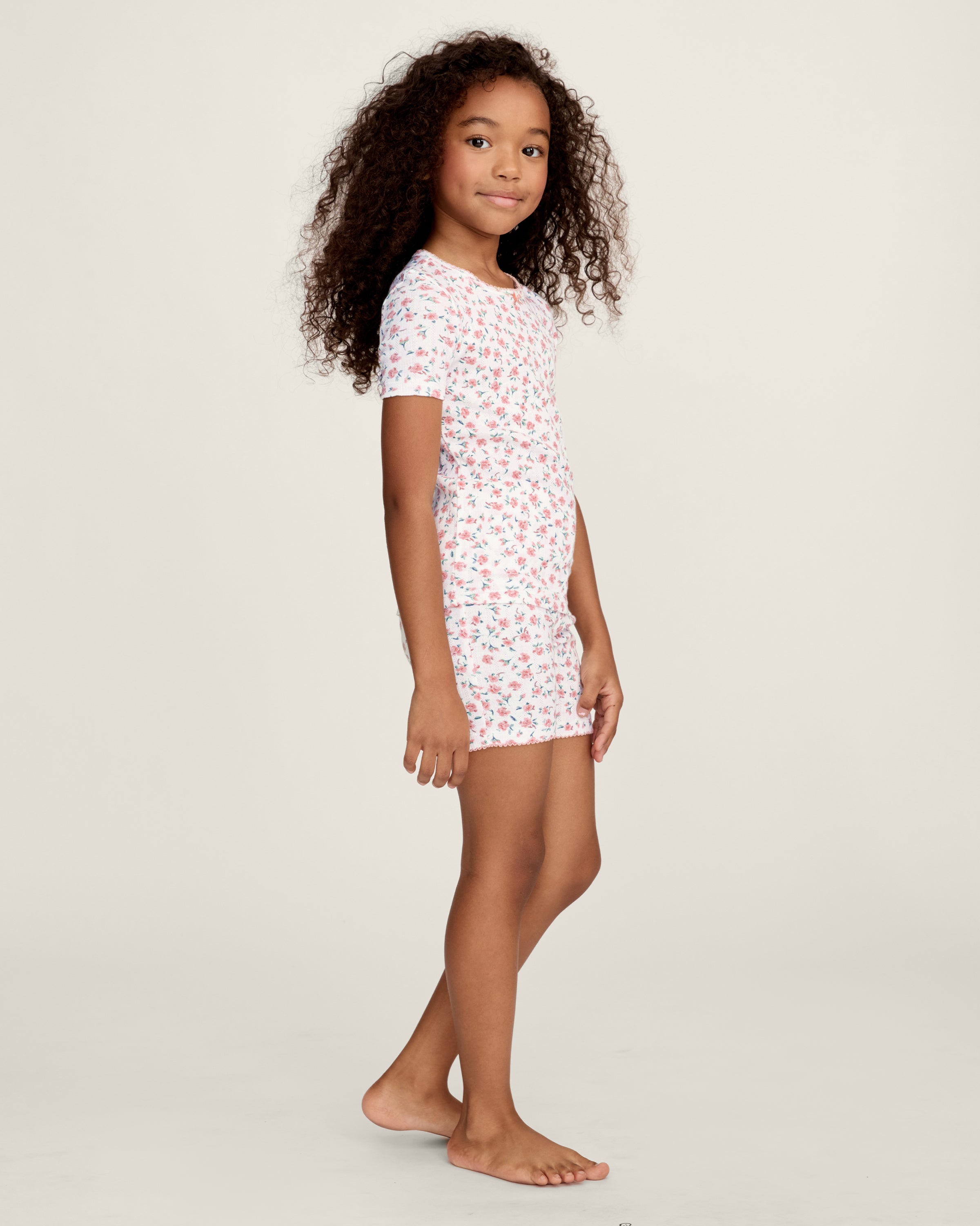 Kid's Pointelle Snug Fit Pajama Short Set in Pink Floral