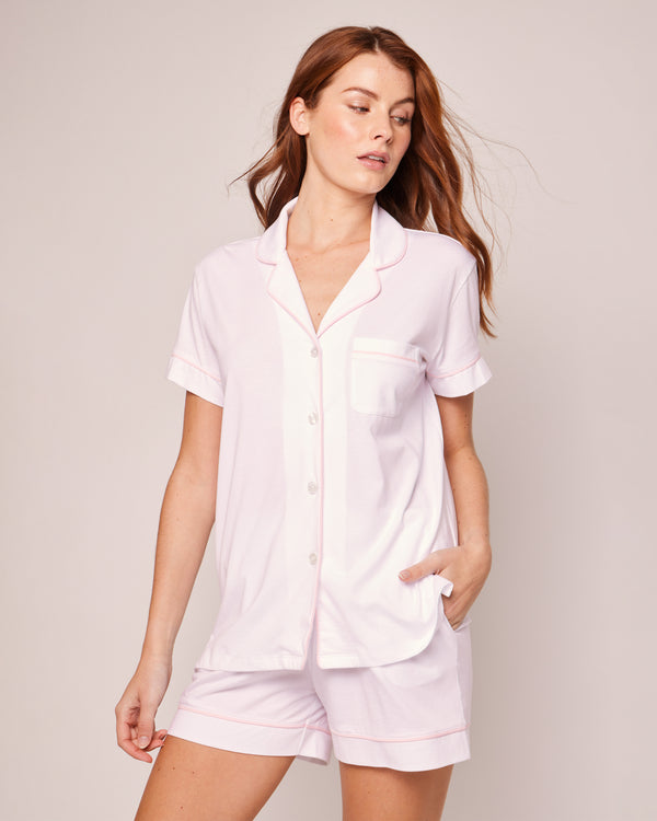 Women's Pima Pajama Short Set in White with Pink Piping