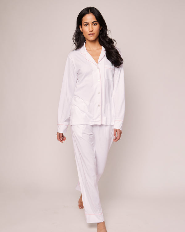 Women's Pima Pajama Set in White with Pink Piping