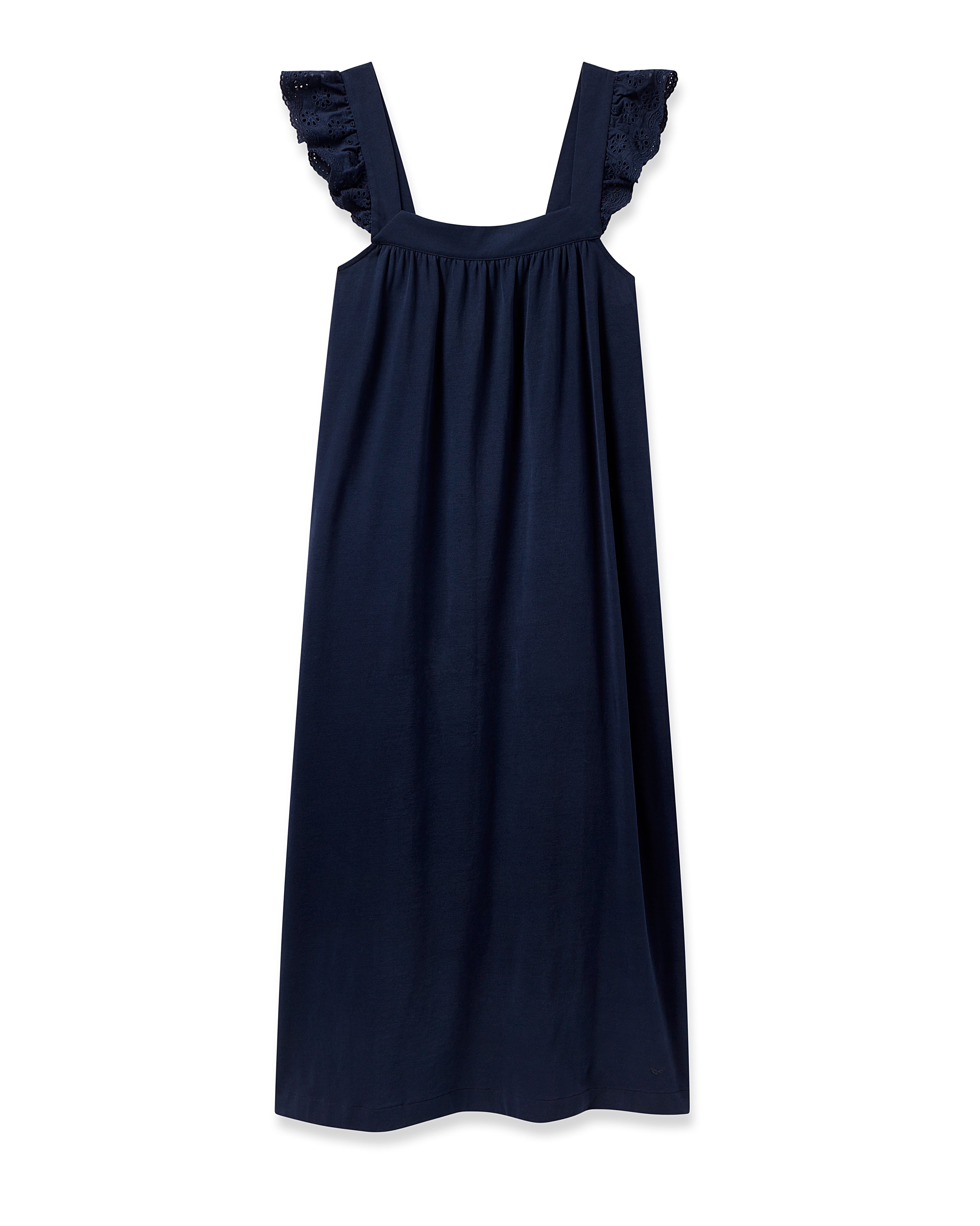 The Womens Pima Clara Nightgown in Navy by Petite Plume features wide shoulder straps and luxurious ruffled details. Made with fine Peruvian Pima cotton, it has a loose silhouette and gathered neckline, elegantly displayed on a plain white background.