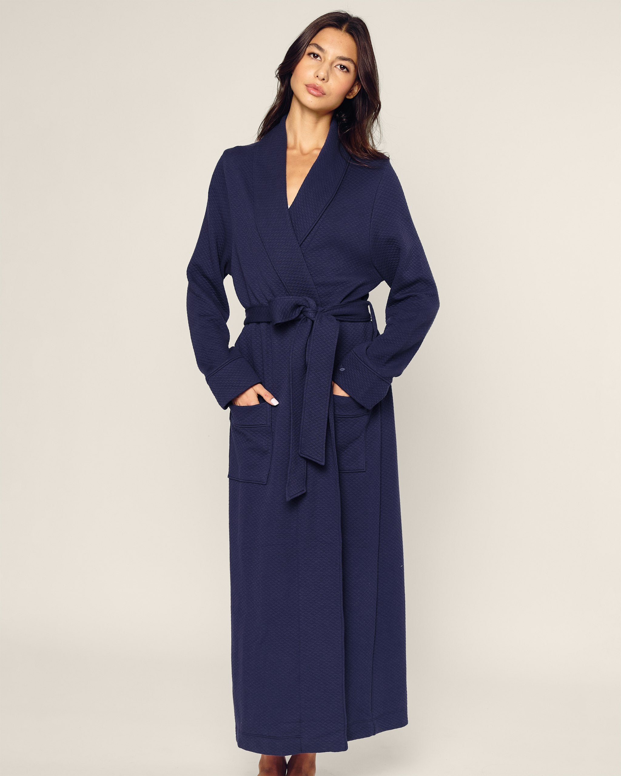Women's Pima Jacquard Ophelia Robe in White in Navy#Color_Navy