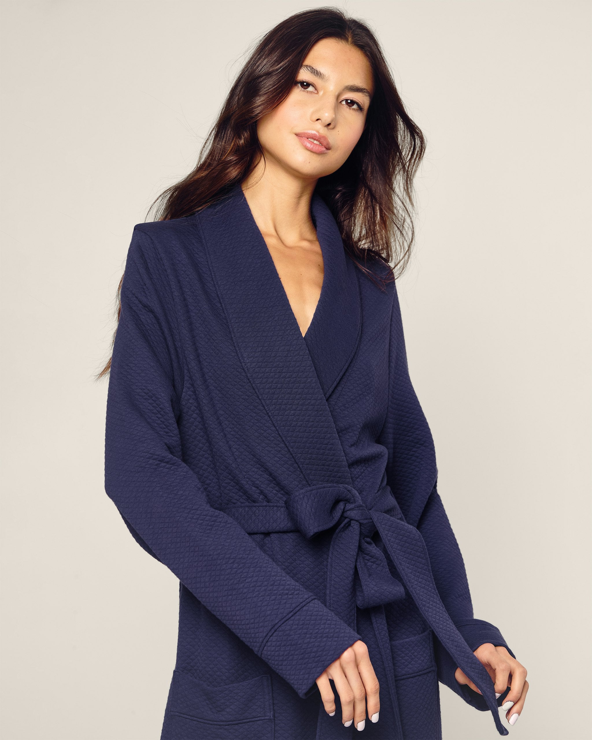 Women's Pima Jacquard Ophelia Robe in White in Navy#Color_Navy