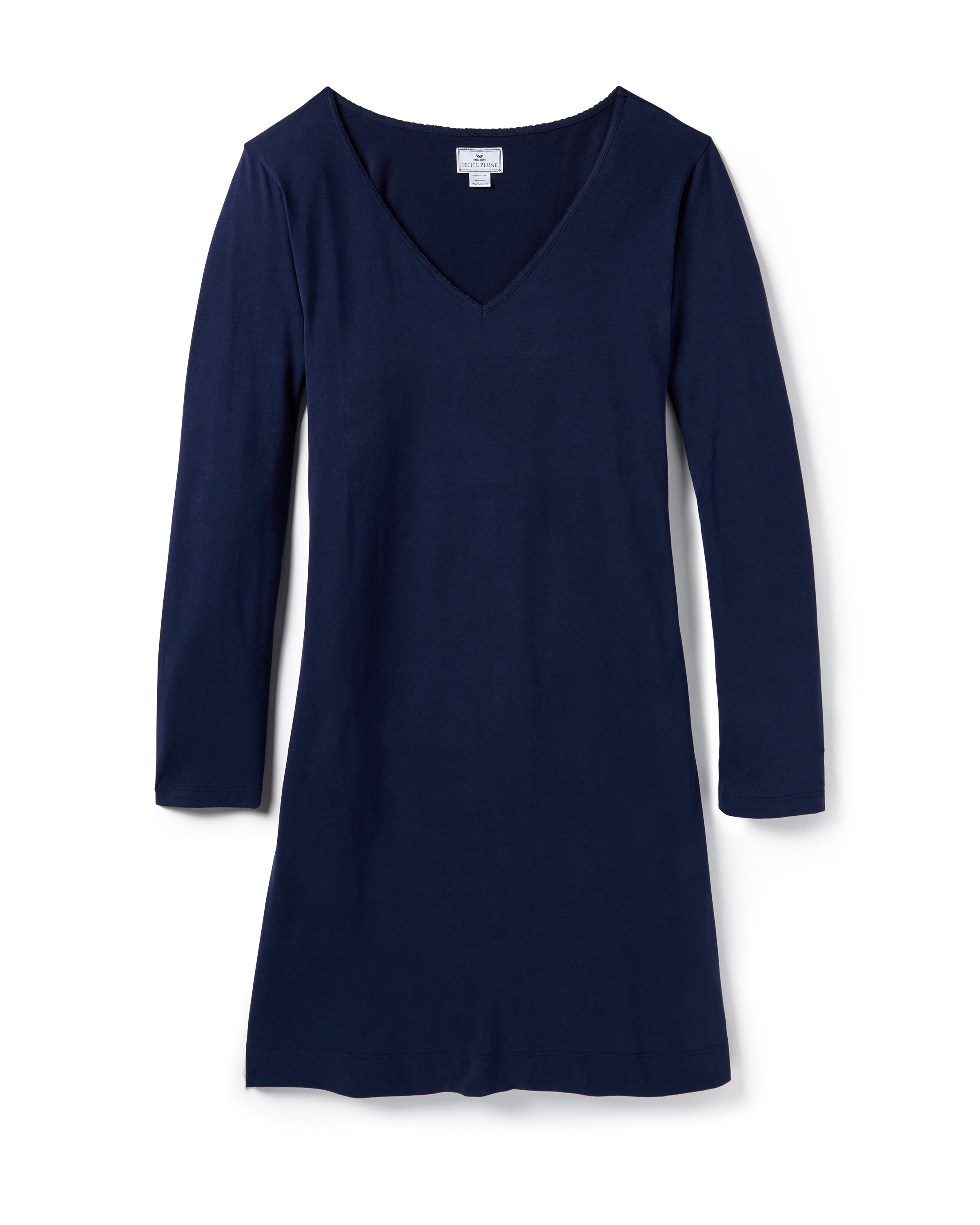 The Women's Pima Long Sleeve Harper Nightgown in Navy is shown laid flat on a white background, featuring a V-neckline and knee-length design.