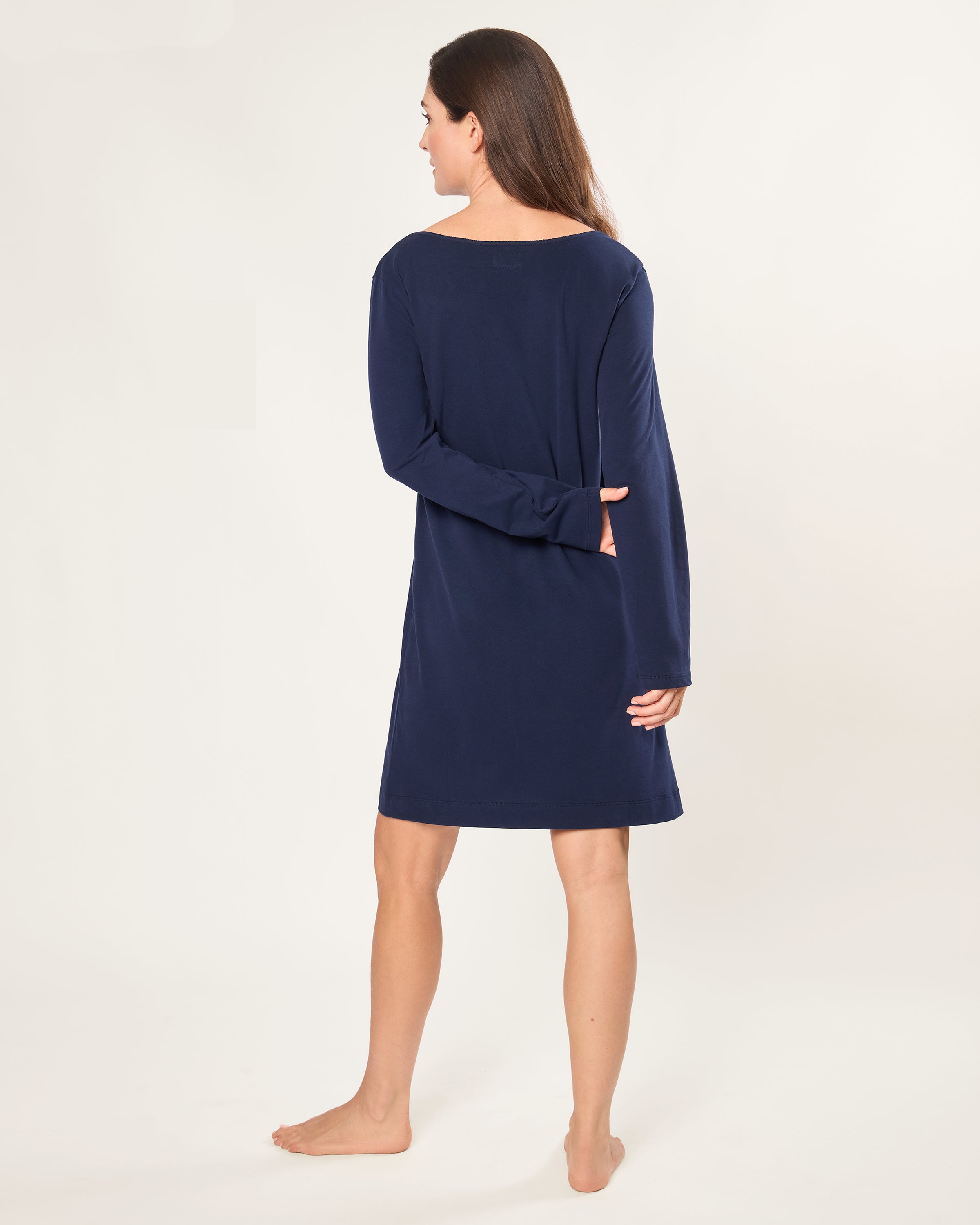 The Women's Pima Long Sleeve Harper Nightgown in Navy is shown laid flat on a white background, featuring a V-neckline and knee-length design.
