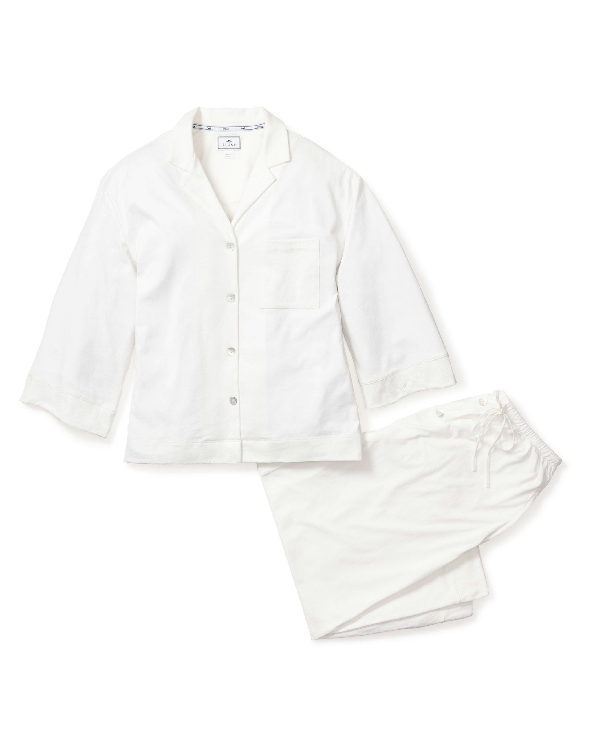 The Olivia Wide Leg Pima Pajama Set in Navy French Ticking in White#Color_White