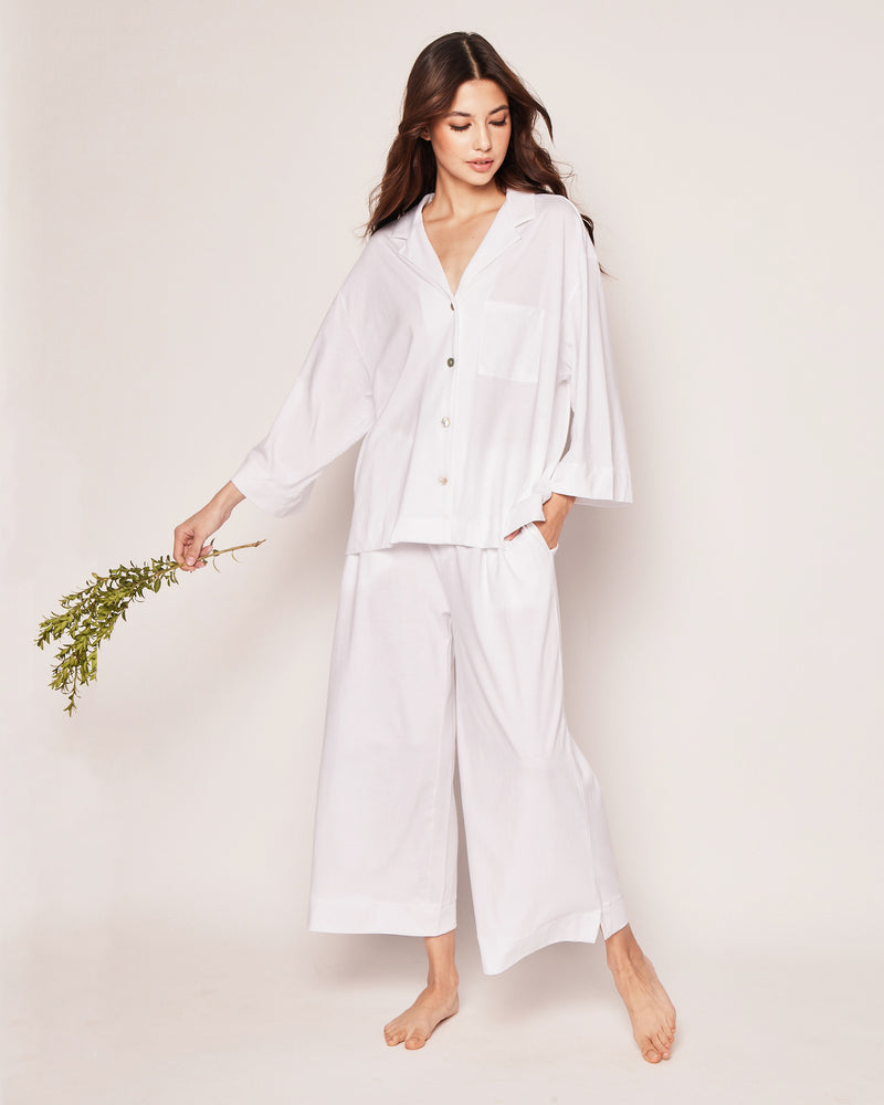 Petite Plume The Olivia Wide Leg Pima Pajama Set in White - Maman x Petite Plume