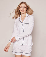 Luxe Pima White with Navy Piping Long Sleeve Short Set