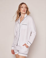 Luxe Pima White with Navy Piping Long Sleeve Short Set