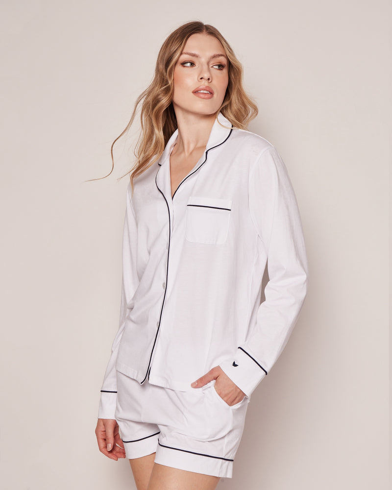 Luxe Pima White with Navy Piping Long Sleeve Short Set