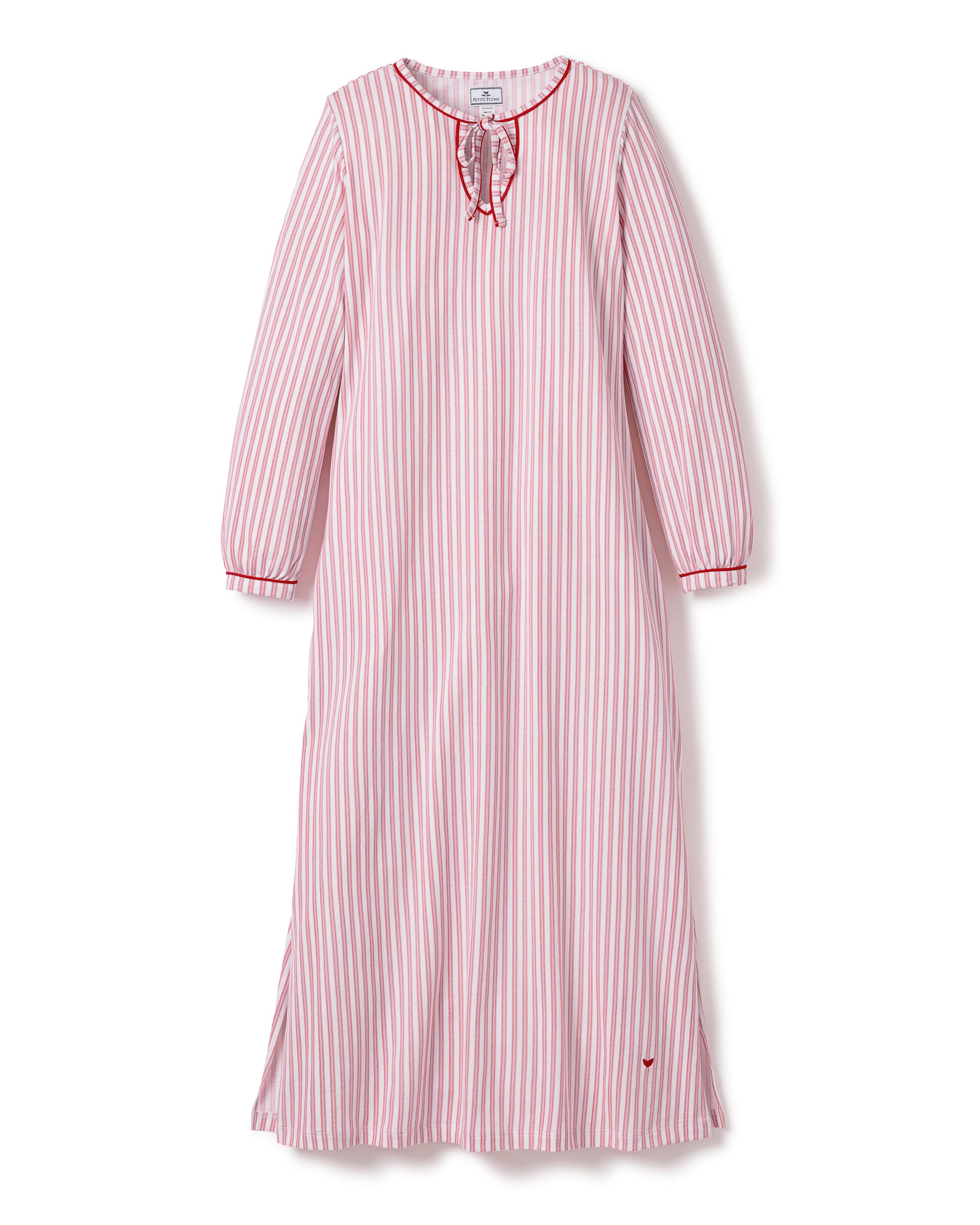 A close-up of the Womens Pima Harlow Nightgown in Antique Red Ticking showcases a red and white striped pattern, made from premium Peruvian Pima cotton. It features a keyhole neckline tied with matching fabric laces, with the Petite Plume label visible on top.