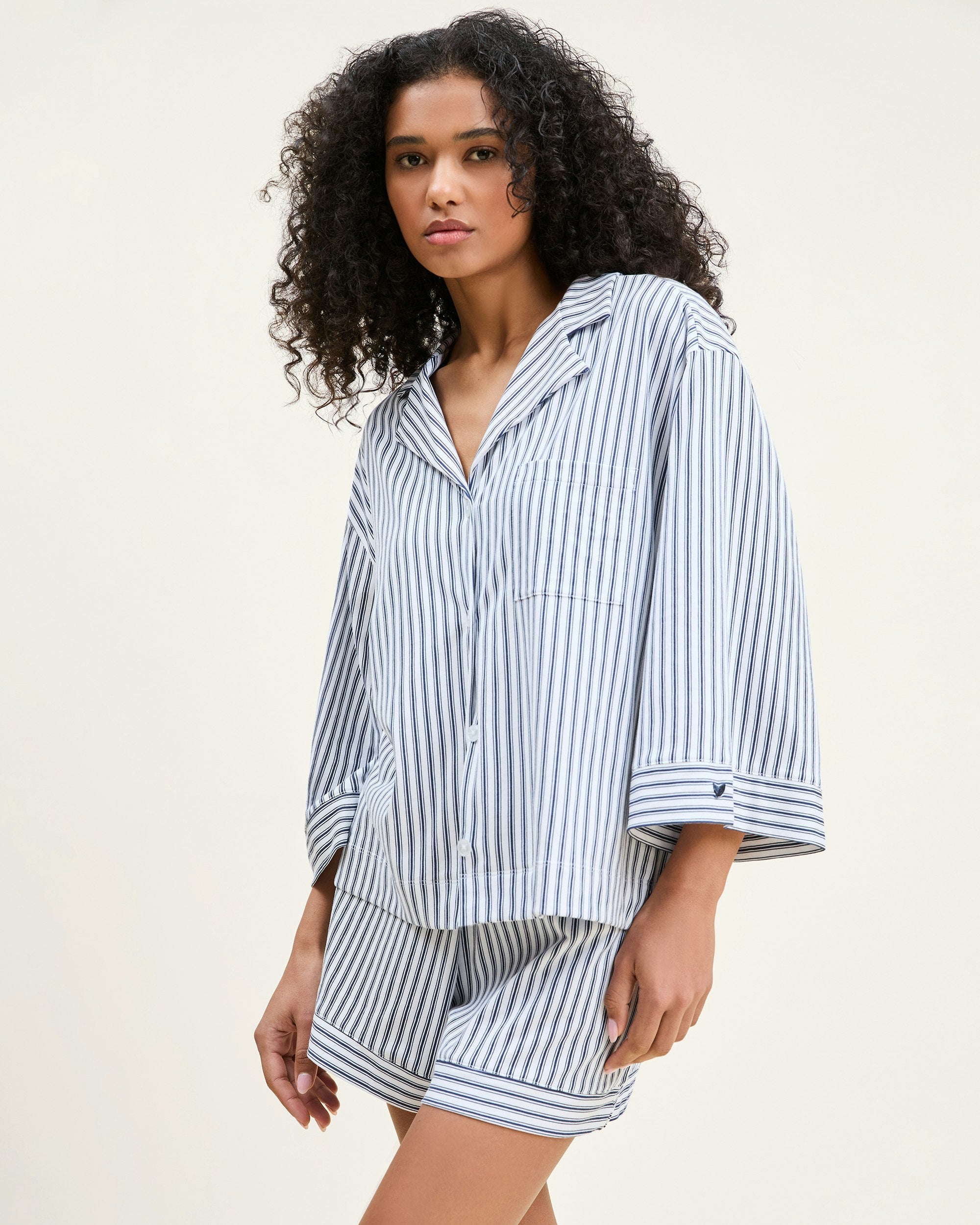 The Olivia Pima Short Set in Navy in Navy French Ticking#Color_Navy French Ticking
