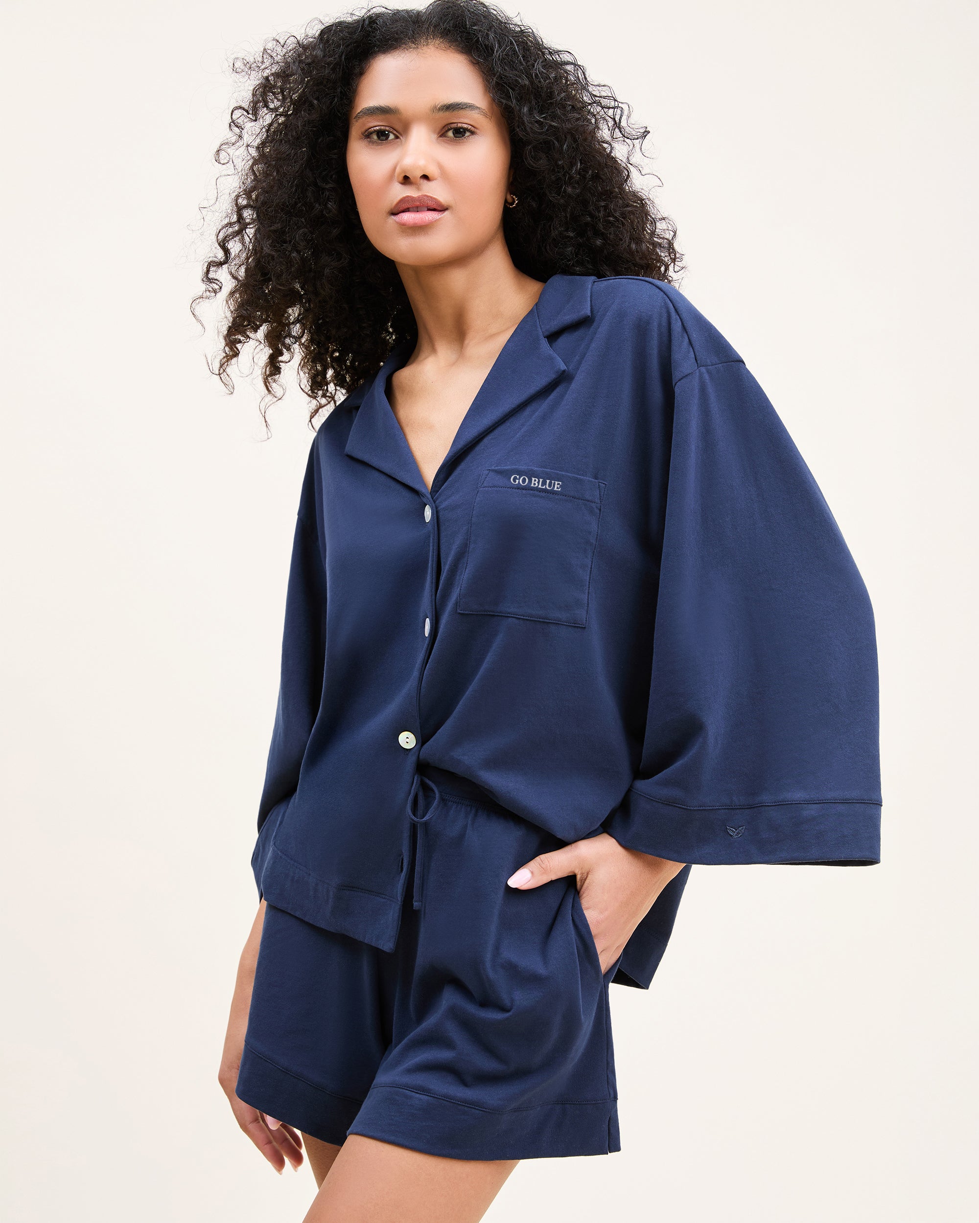 School Spirit Embroidered Olivia Pima Short Set in Navy
