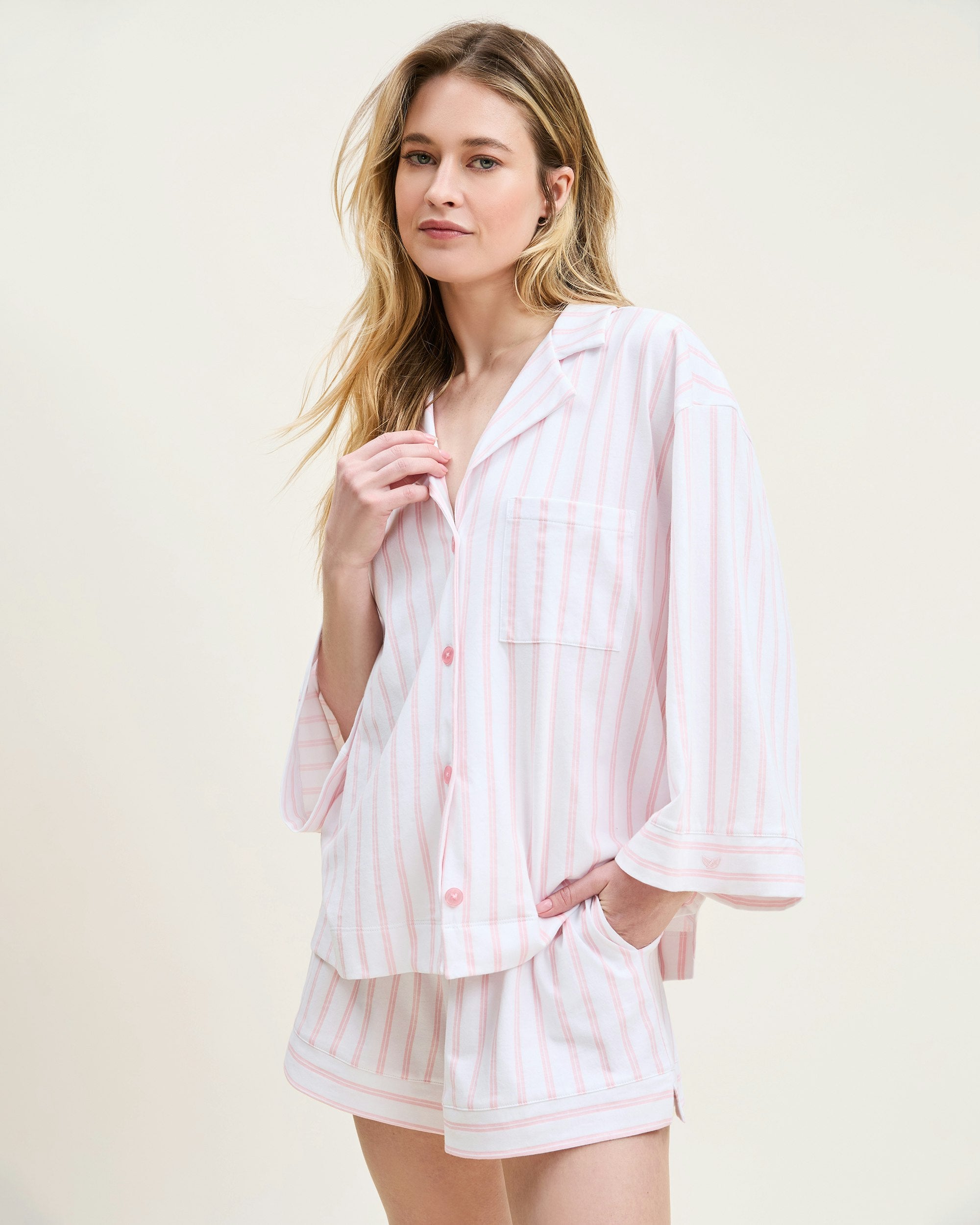 The Olivia Pima Short Set in Navy Foulard in Pink Stripe#Color_Pink Stripe