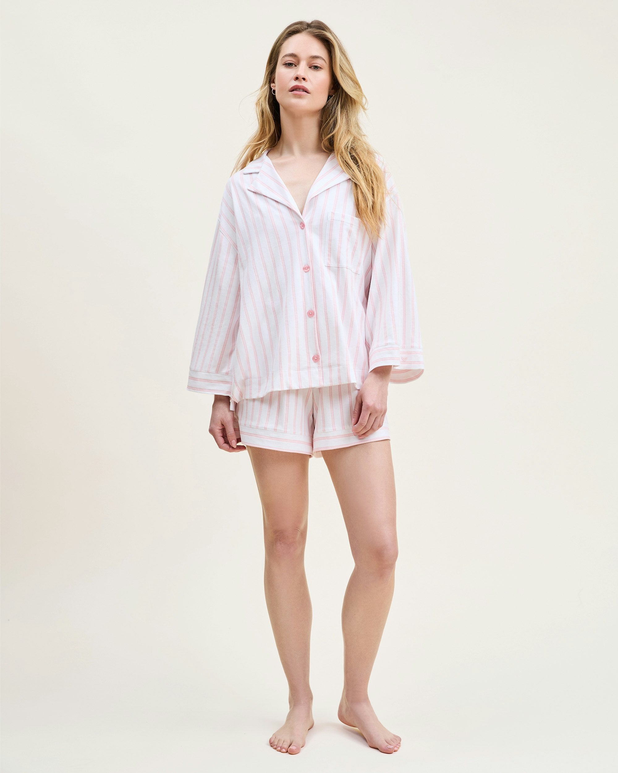 The Olivia Pima Short Set in Navy in Pink Stripe#Color_Pink Stripe