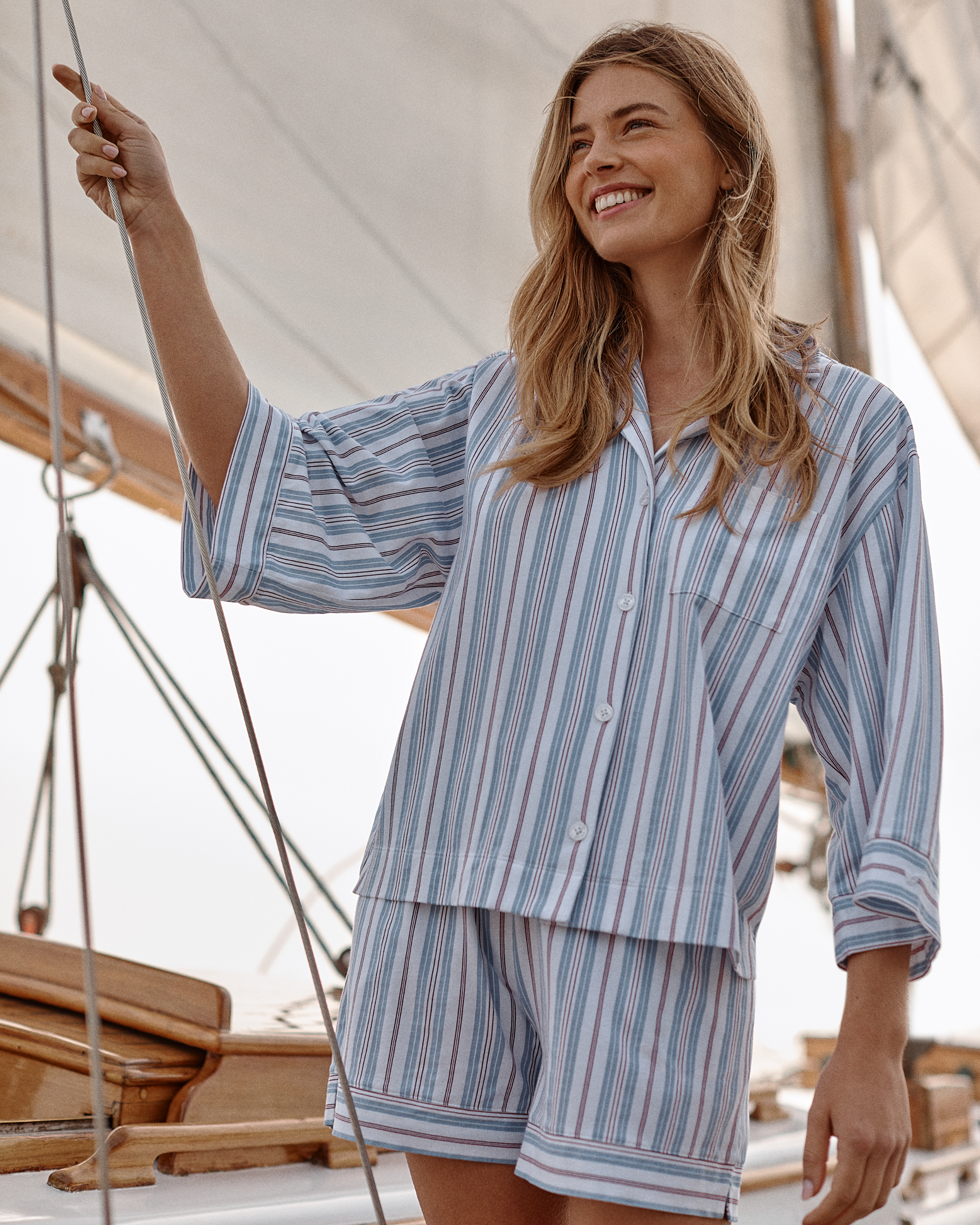 The Olivia Lightweight Pima Short Set in Vintage French Stripes