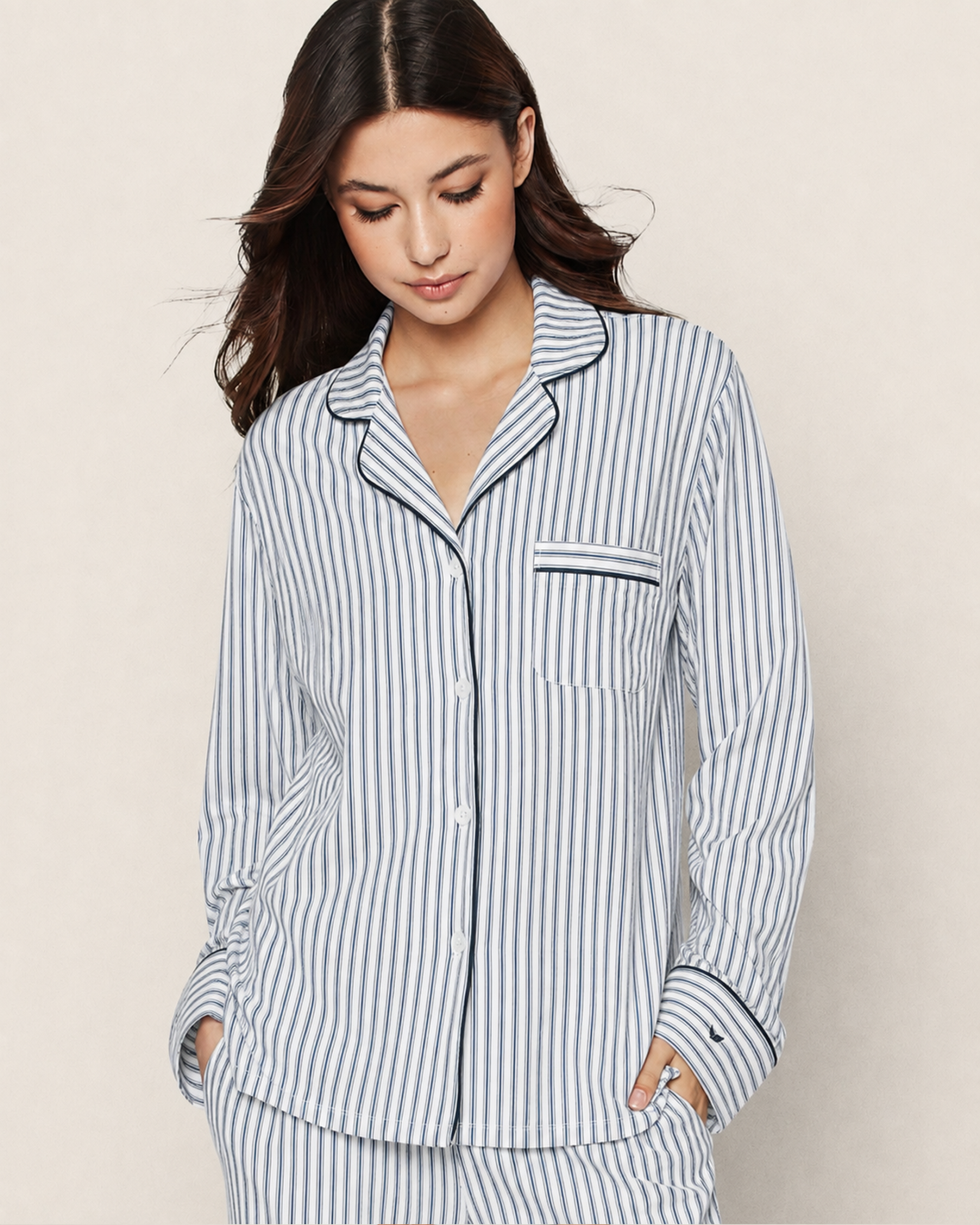 Women's Pima Pajama Set in Navy French Ticking