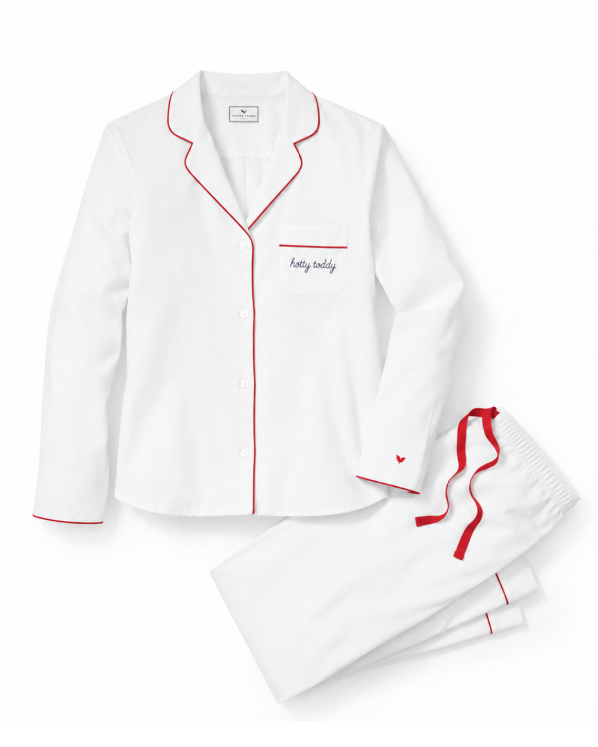 Women’s Pima Pajama Set with Hotty Toddy Embroidery featuring a white button-down design, red piping, Hotty Toddy embroidered on the chest pocket, and a small heart on the cuff.