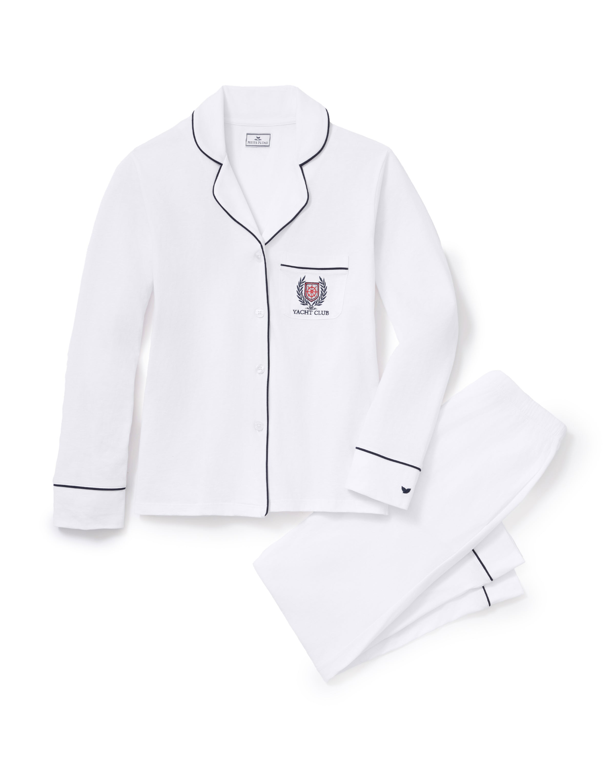 Women's Pima Pajama Set in White with Yacht Club Embroidery