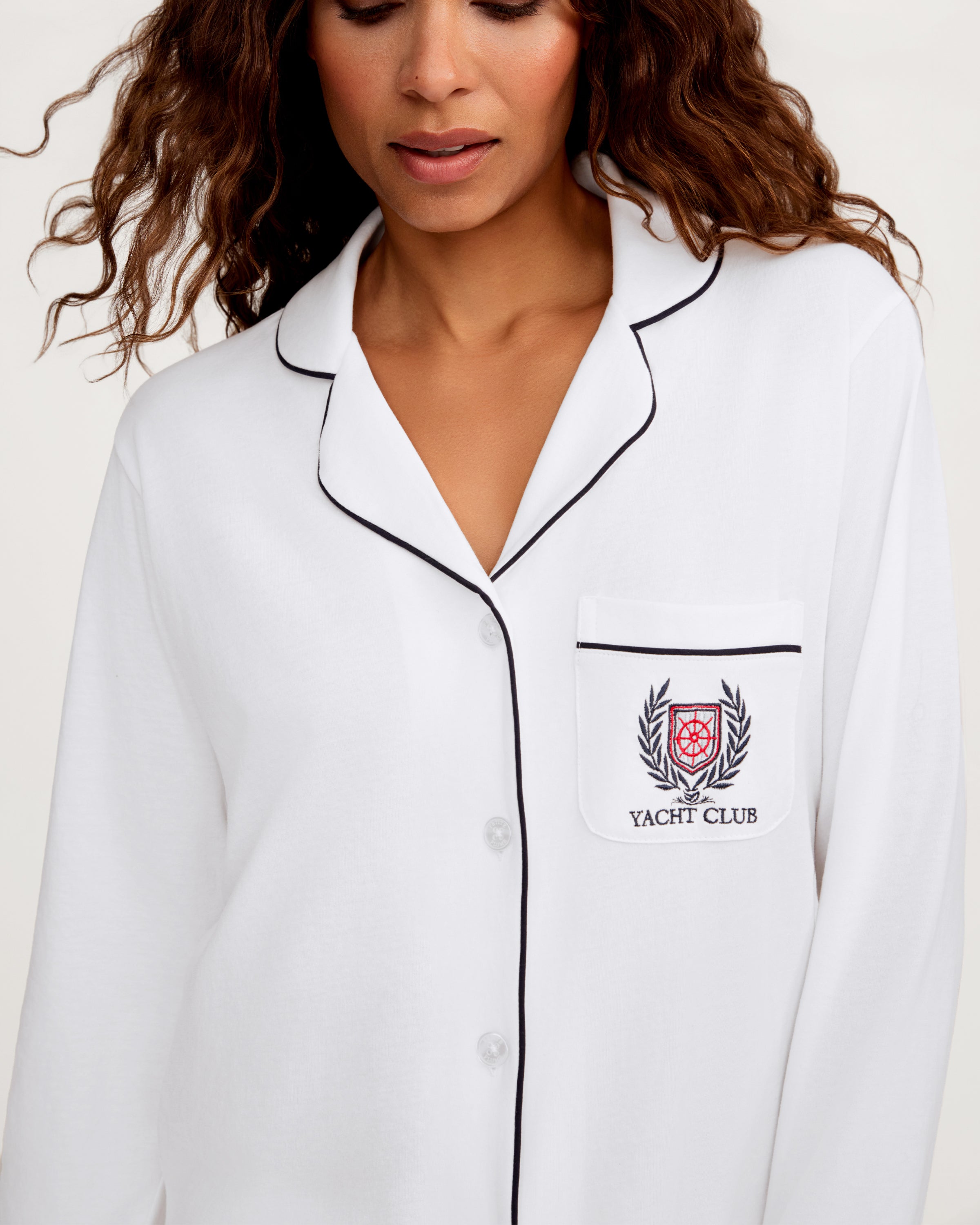 Women's Pima Pajama Set in White with Yacht Club Embroidery