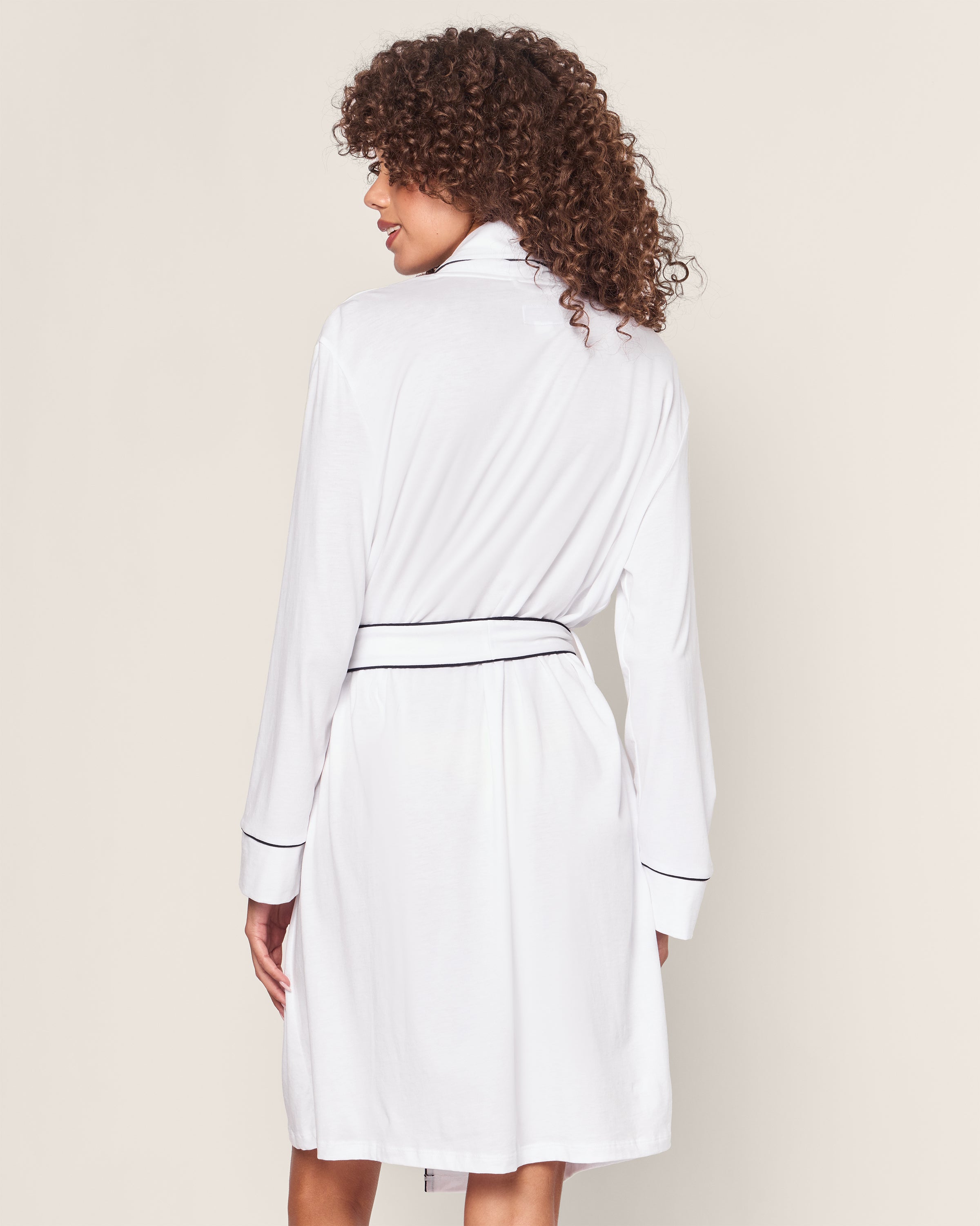 Women's Pima Robe in White with Navy Piping | Petite Plume Women's Pima Robe in White with Navy Piping | Petite Plume