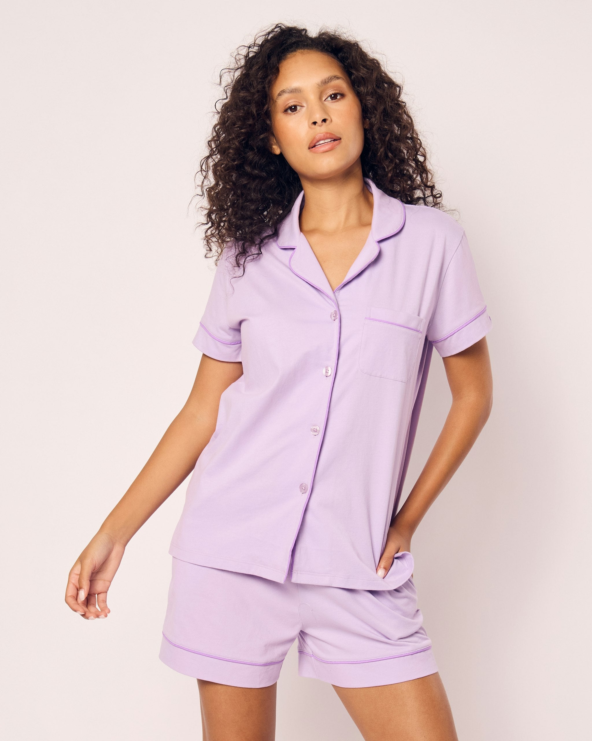 Women's Pima Short Sleeve Short Set in Peach Fuzz in Lavender#Color_Lavender