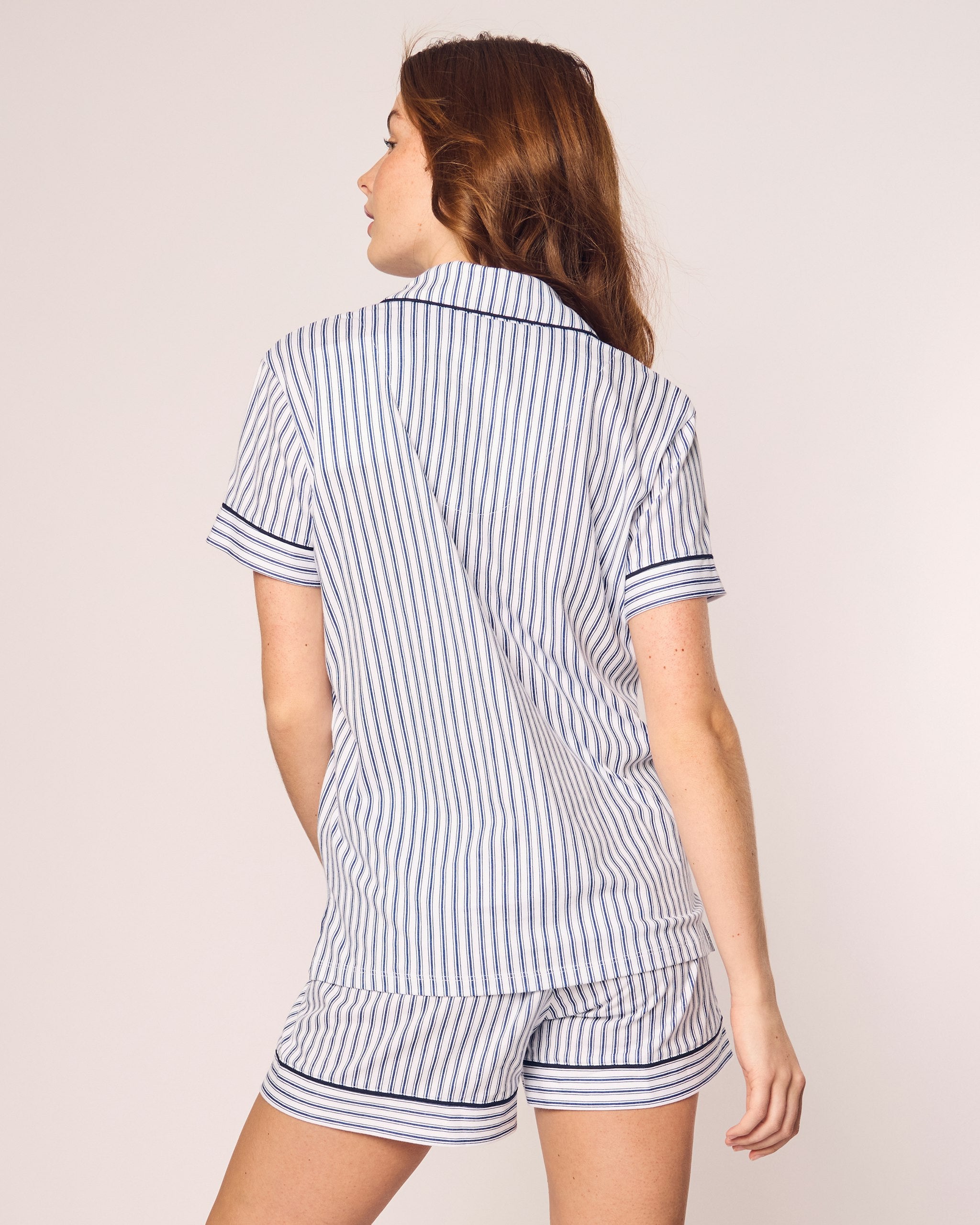 Women's Pima Short Sleeve Short Set in White with Navy Piping in Navy French Ticking#Color_Navy French Ticking
