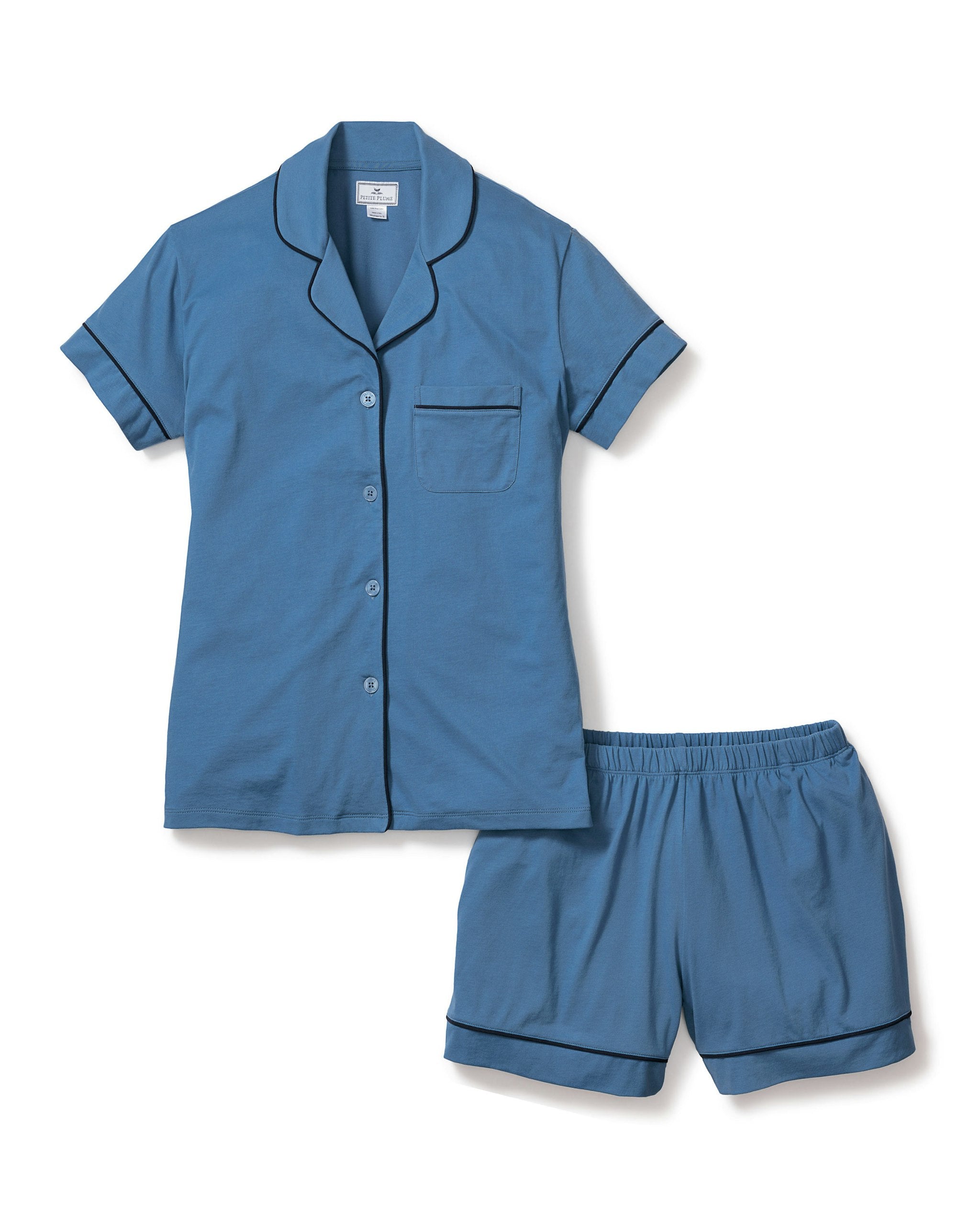 Women's Pima Short Sleeve Short Set in White with Navy Piping in Mystique Blue#Color_Mystique Blue