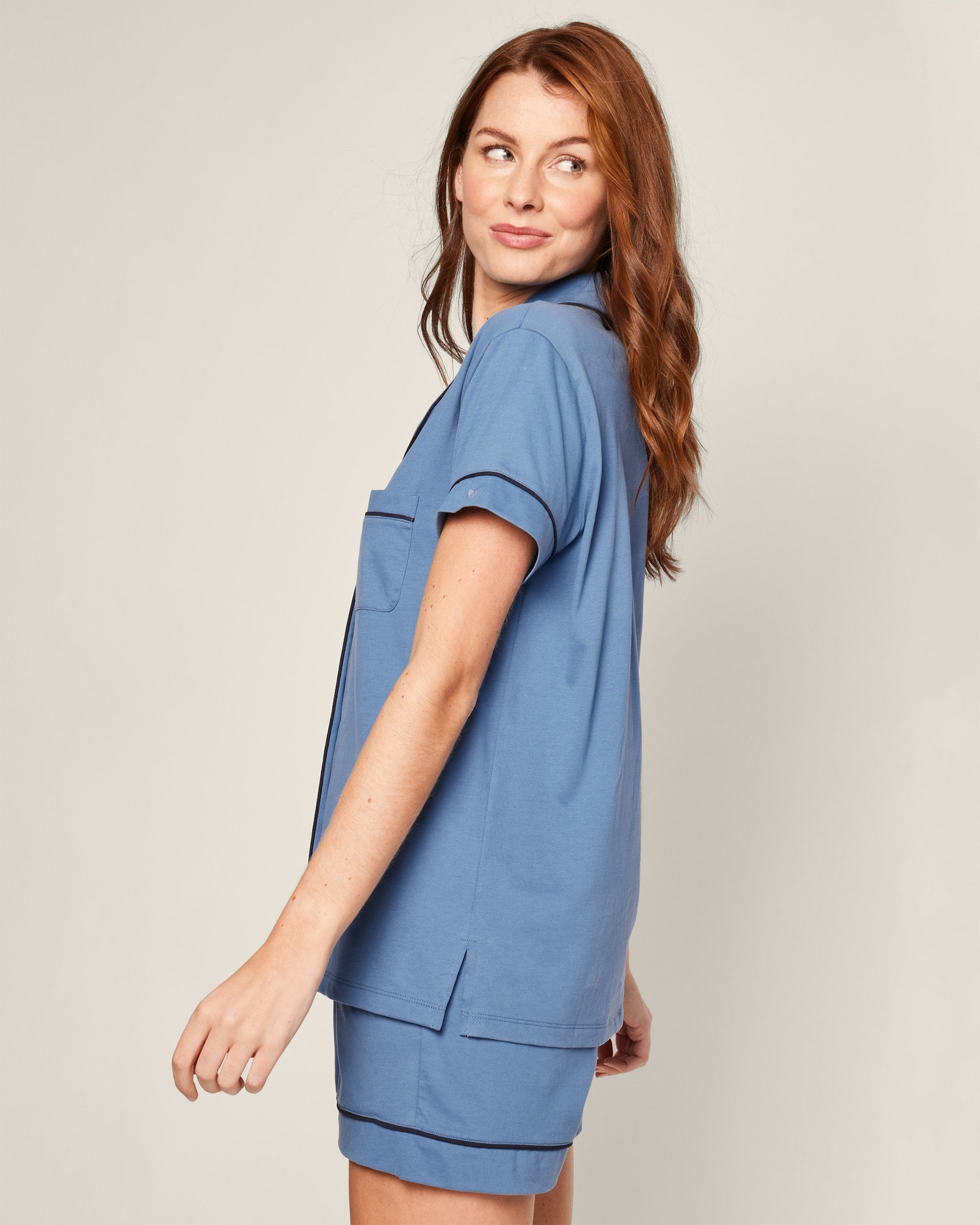 Women's Pima Short Sleeve Short Set in White with Navy Piping in Mystique Blue#Color_Mystique Blue