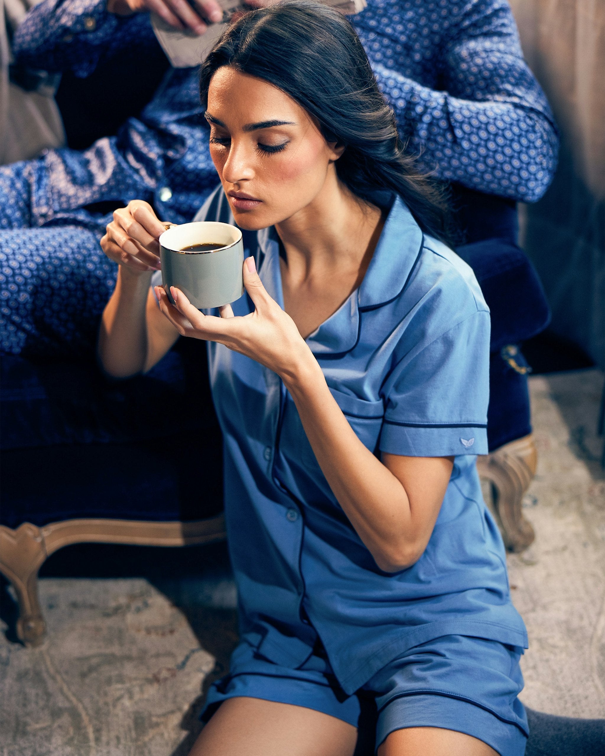Women's Pima Short Sleeve Short Set in White with Navy Piping in Mystique Blue#Color_Mystique Blue