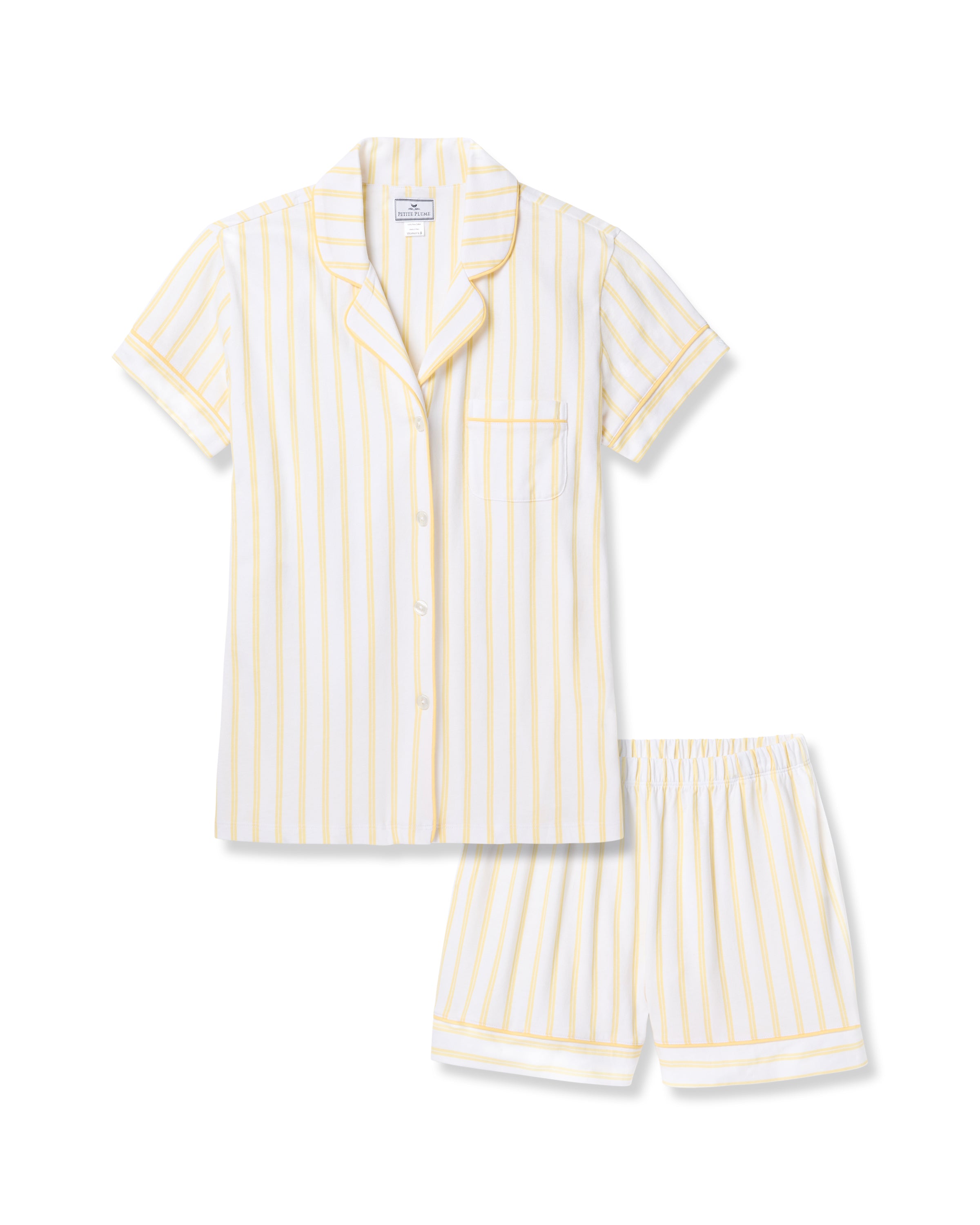 The Petite Plume Womens Pima Short Sleeve Short Set in Sunny Stripe offers ultimate comfort and style with its luxurious Peruvian Pima cotton, featuring a short-sleeve button-up top with a pocket and mid-thigh shorts in a sophisticated yellow and white vertical stripe pattern.
