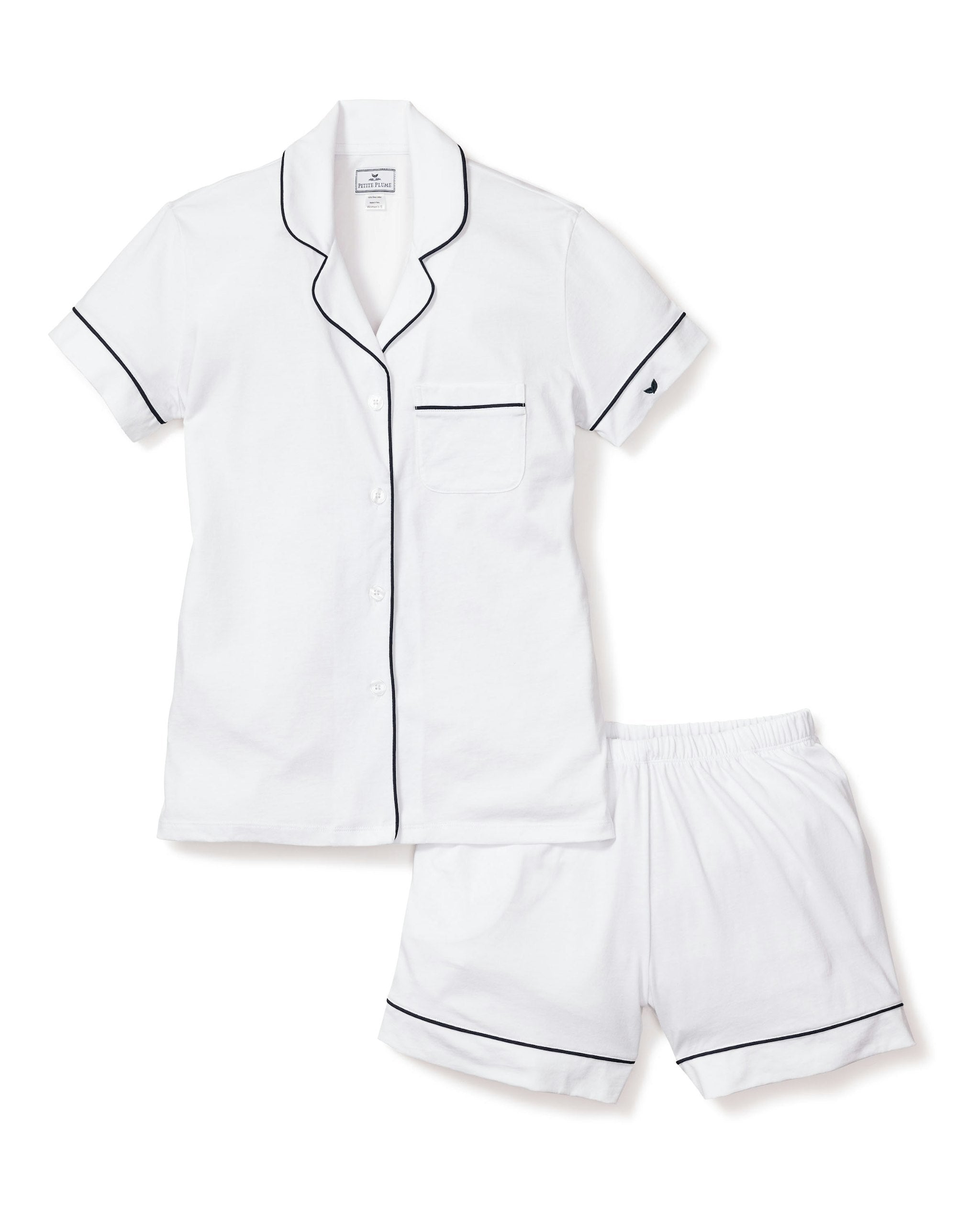 Women's Pima Short Sleeve Short Set in White with Navy Piping