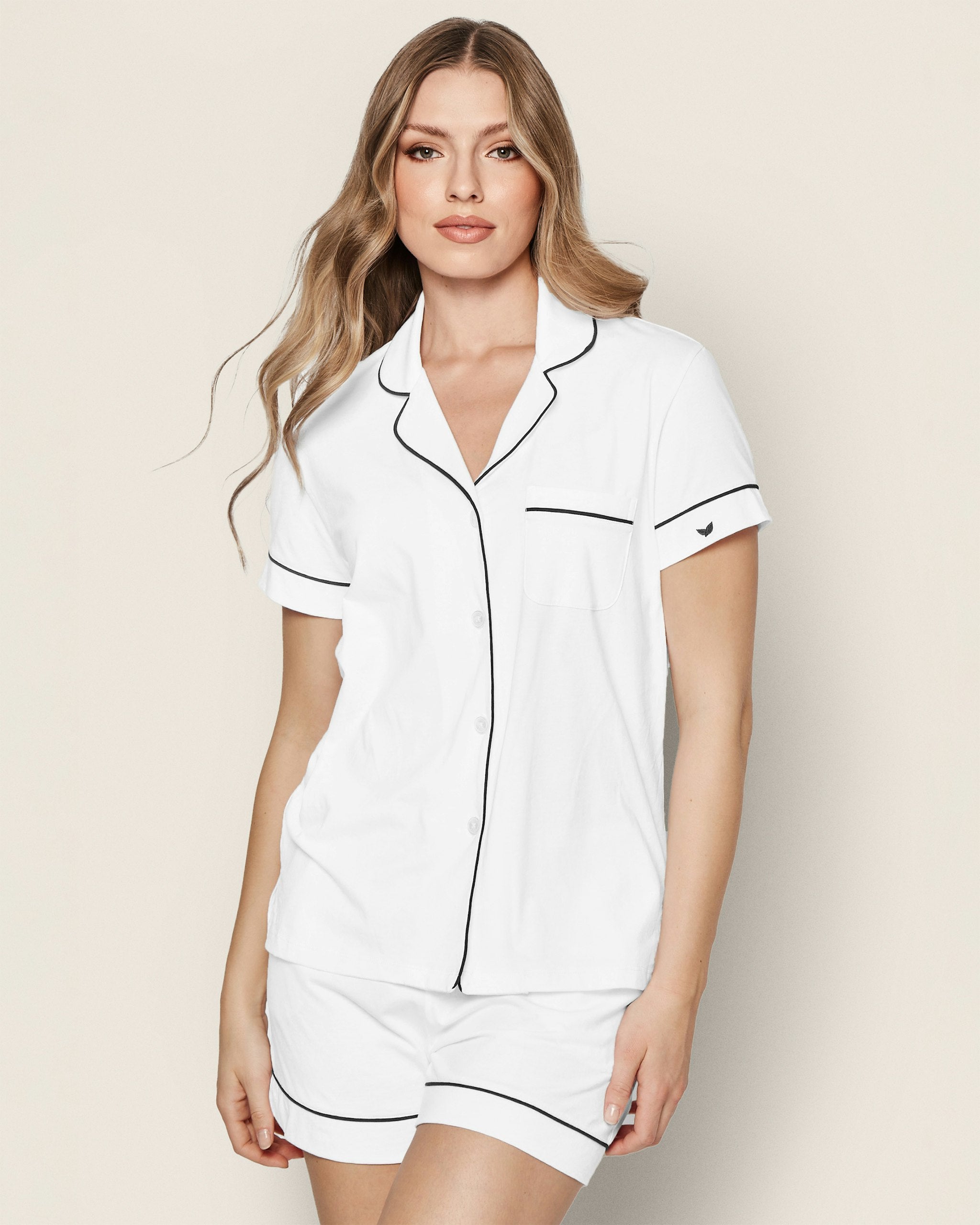 Women's Pima Short Sleeve Short Set in White with Navy Piping in White with Navy Piping#Color_White with Navy Piping