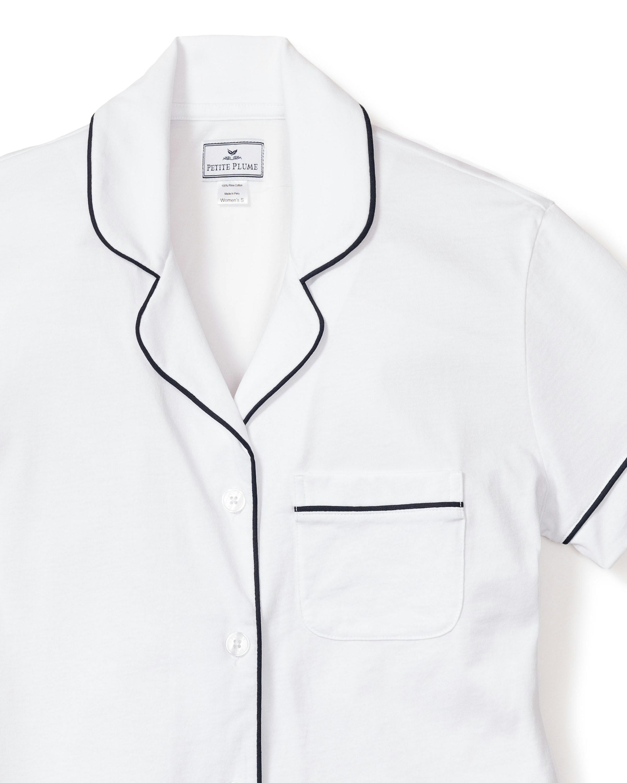 Women's Pima Short Sleeve Short Set in White with Navy Piping in White with Navy Piping#Color_White with Navy Piping