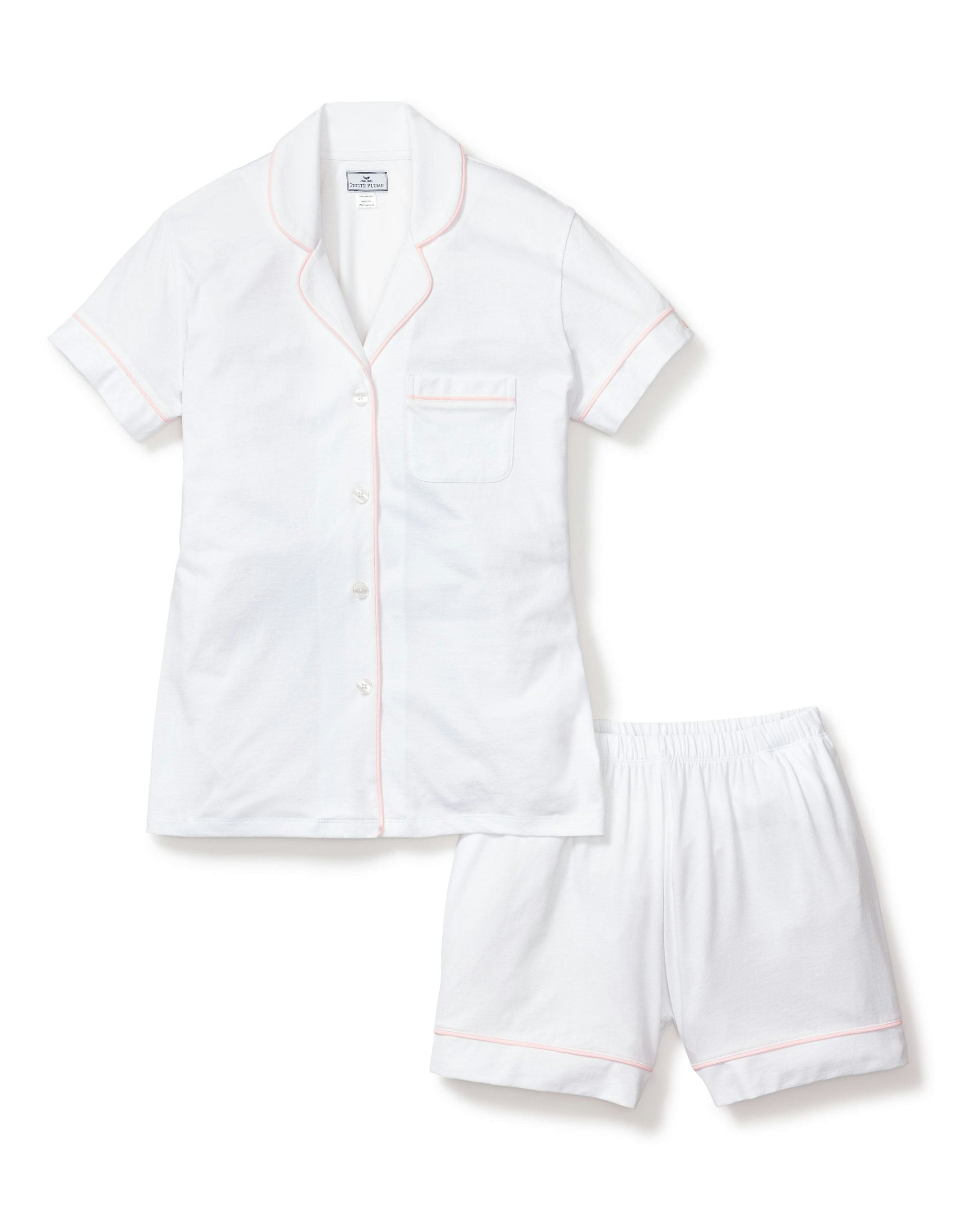 Women's Pima Short Sleeve Short Set in White with Navy Piping in White with Pink Piping#Color_White with Pink Piping